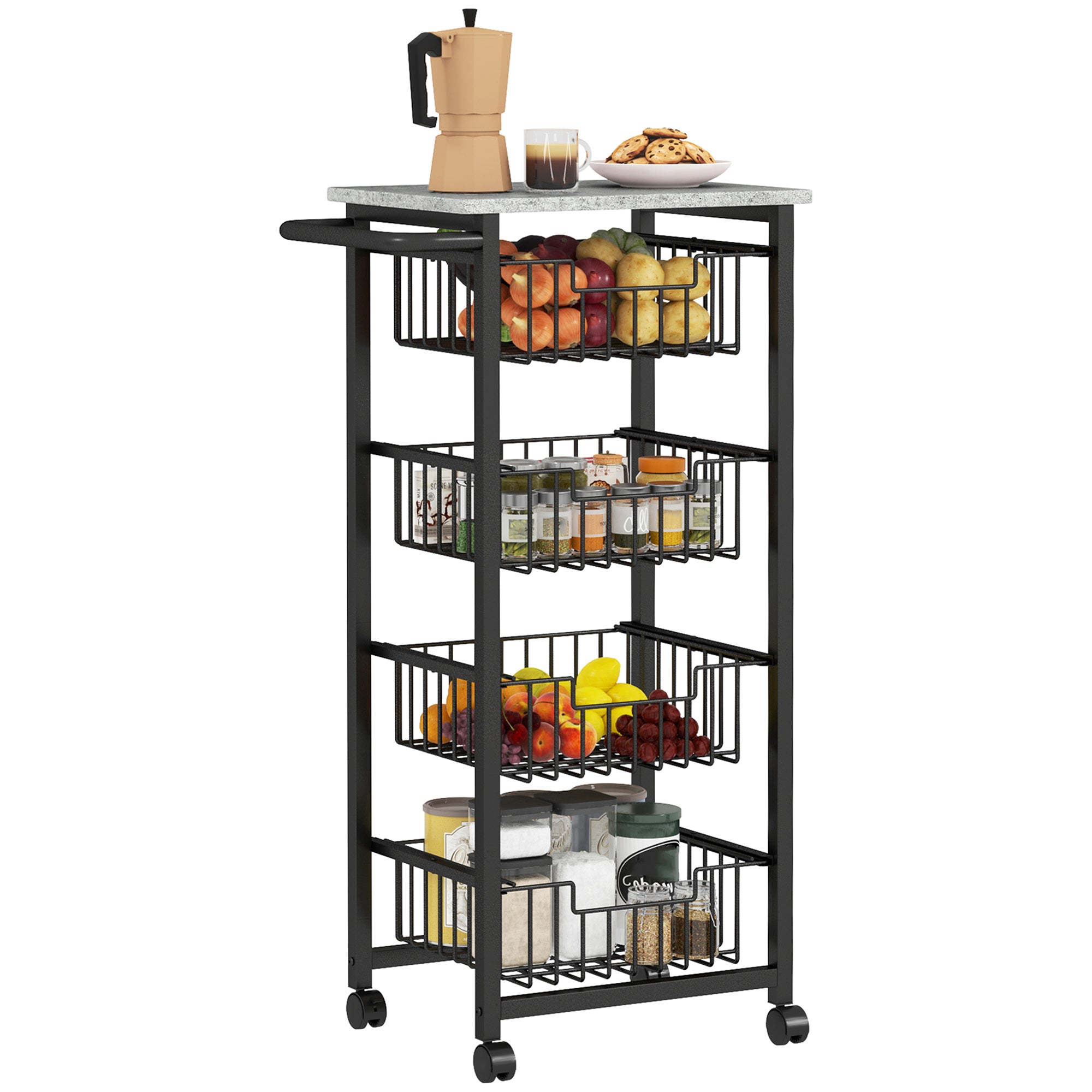 Four Basket Mobile Kitchen Island, with Brakes - Grey/Black