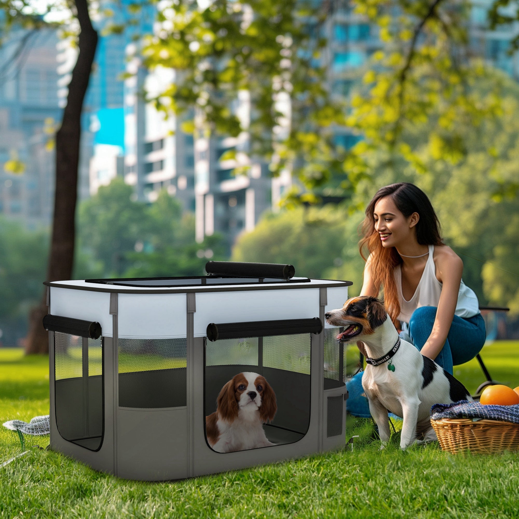 Foldable Dog Pen with Storage Bag for Indoor/Outdoor Use, Portable Pet playpen, with Ground Stakes - Grey