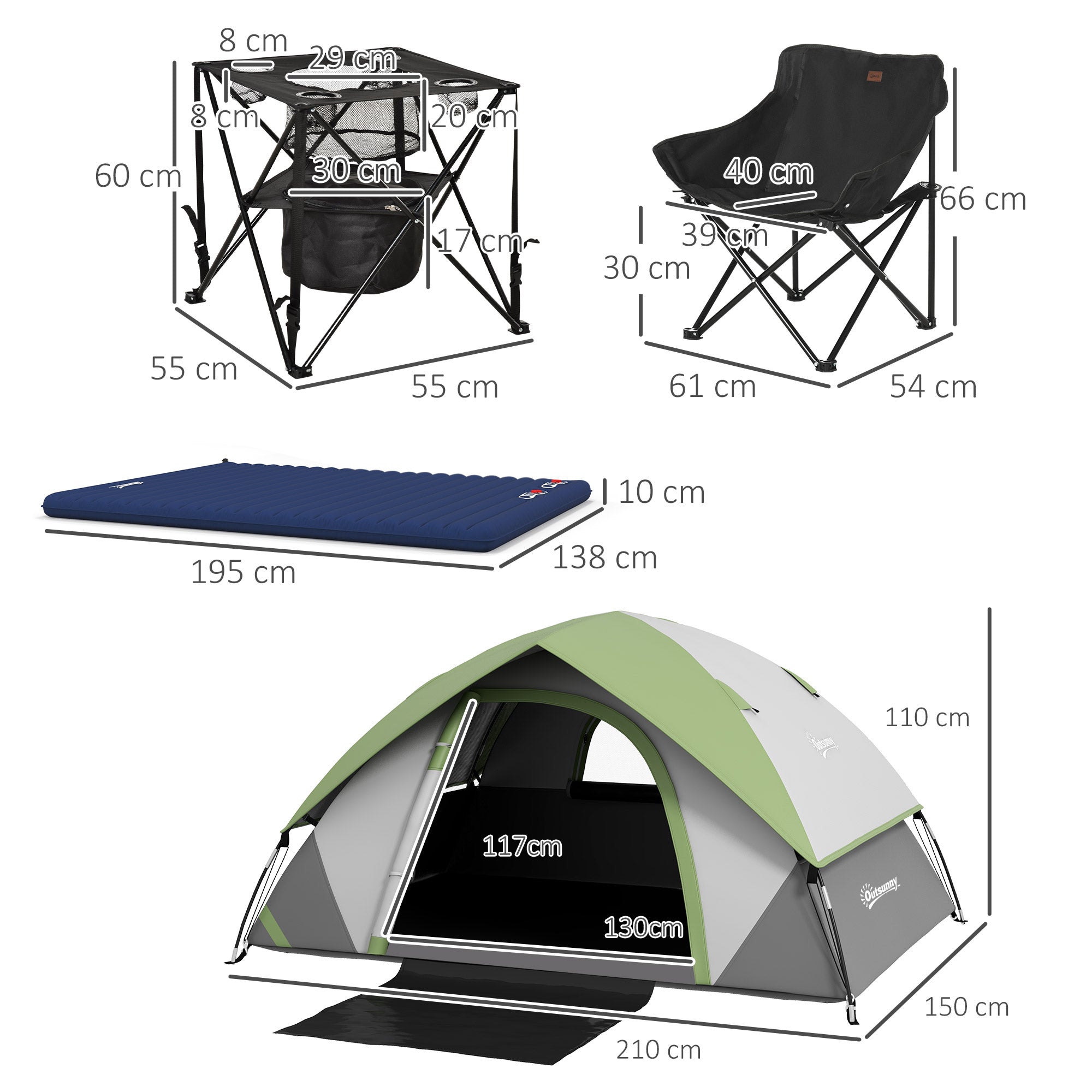 Camping Tent with Inflatable Mattress and Camping Table & Chair, 2-3 Person Dome Tent with Sewn-in Groundsheet, Portable 3000mm Waterproof Tent with Carry Bag and Hook, for Fishing Hiking