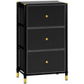 Faux Leather Chest of Three Drawers with Gold Accents - Black