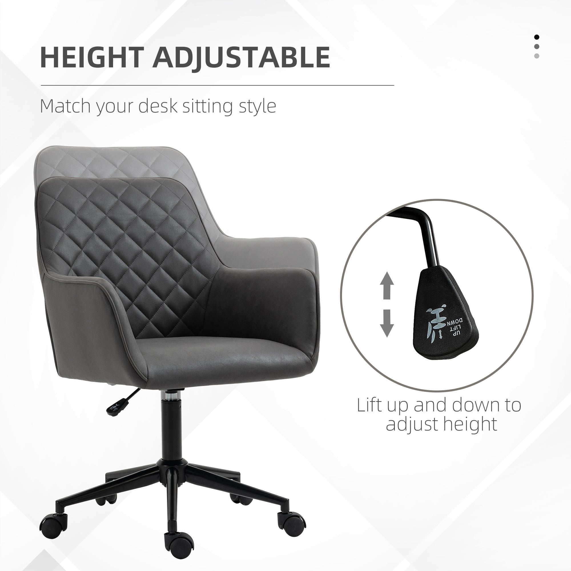 Office Desk Chair, Leather-Feel Fabric Computer Swivel Chair with Rolling Wheels and Adjustable Height for Home, Grey