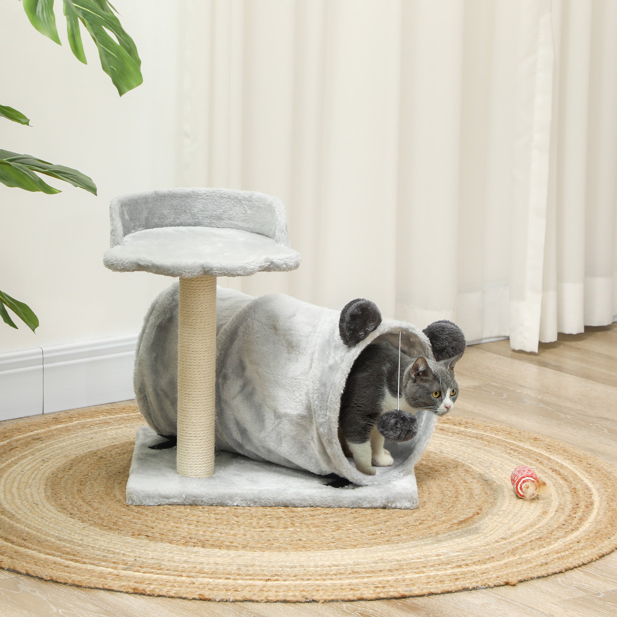 47cm Small Cat Tree w/ Scratching Post, Bed, Cat Tunnel, Toy Ball, Grey