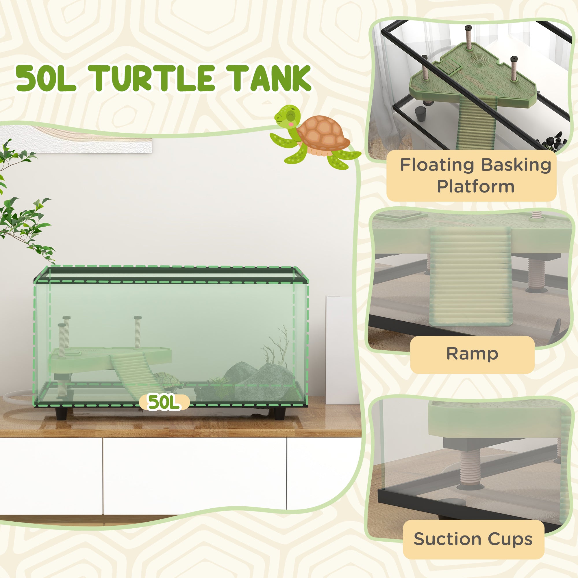 50L Glass Turtle Tank Aquarium with Basking Platform, Easy Drainage, Strip Patch Thermometer