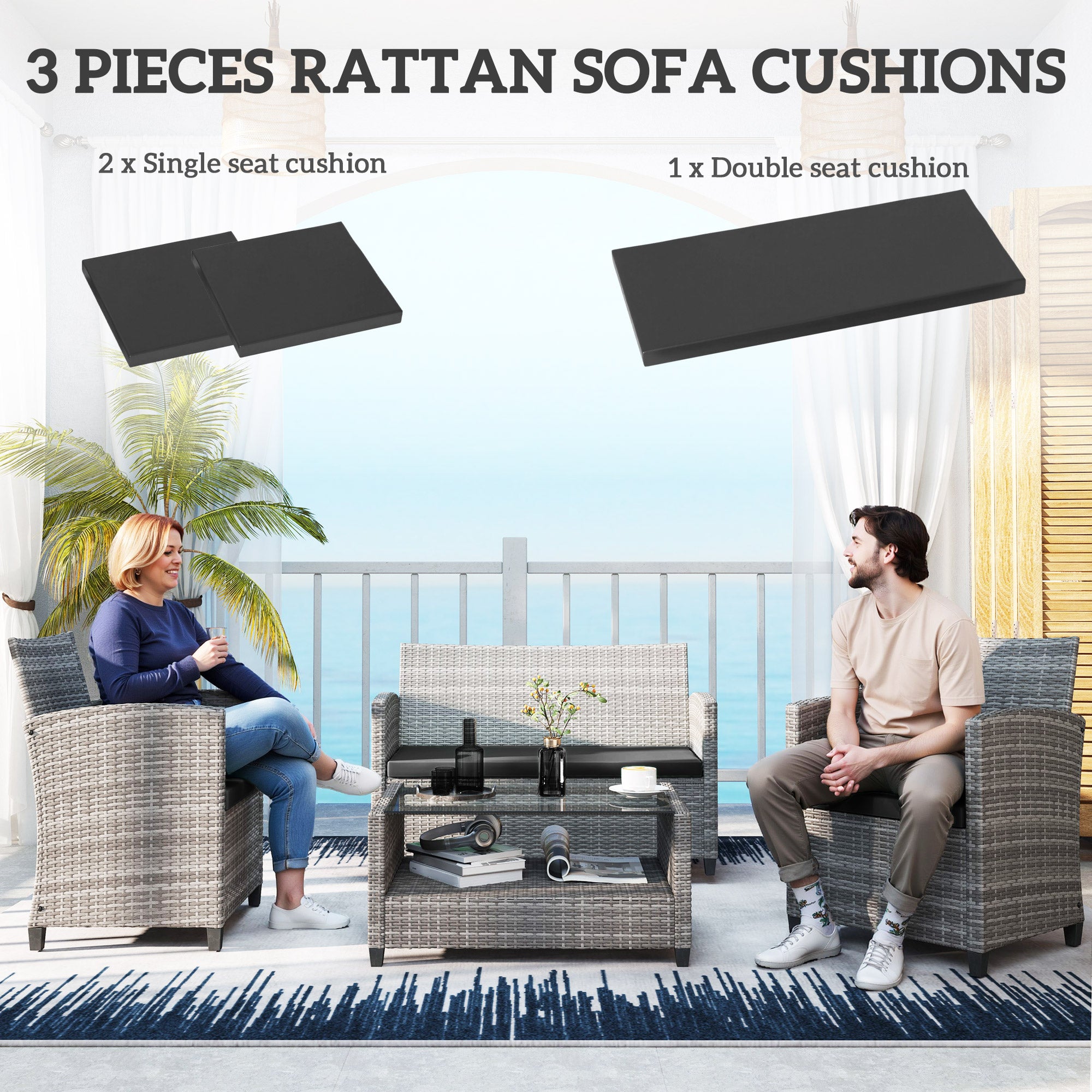 Outdoor Seat Cushion Pads for Rattan Furniture, 3 PCs Garden Furniture Cushions, Black