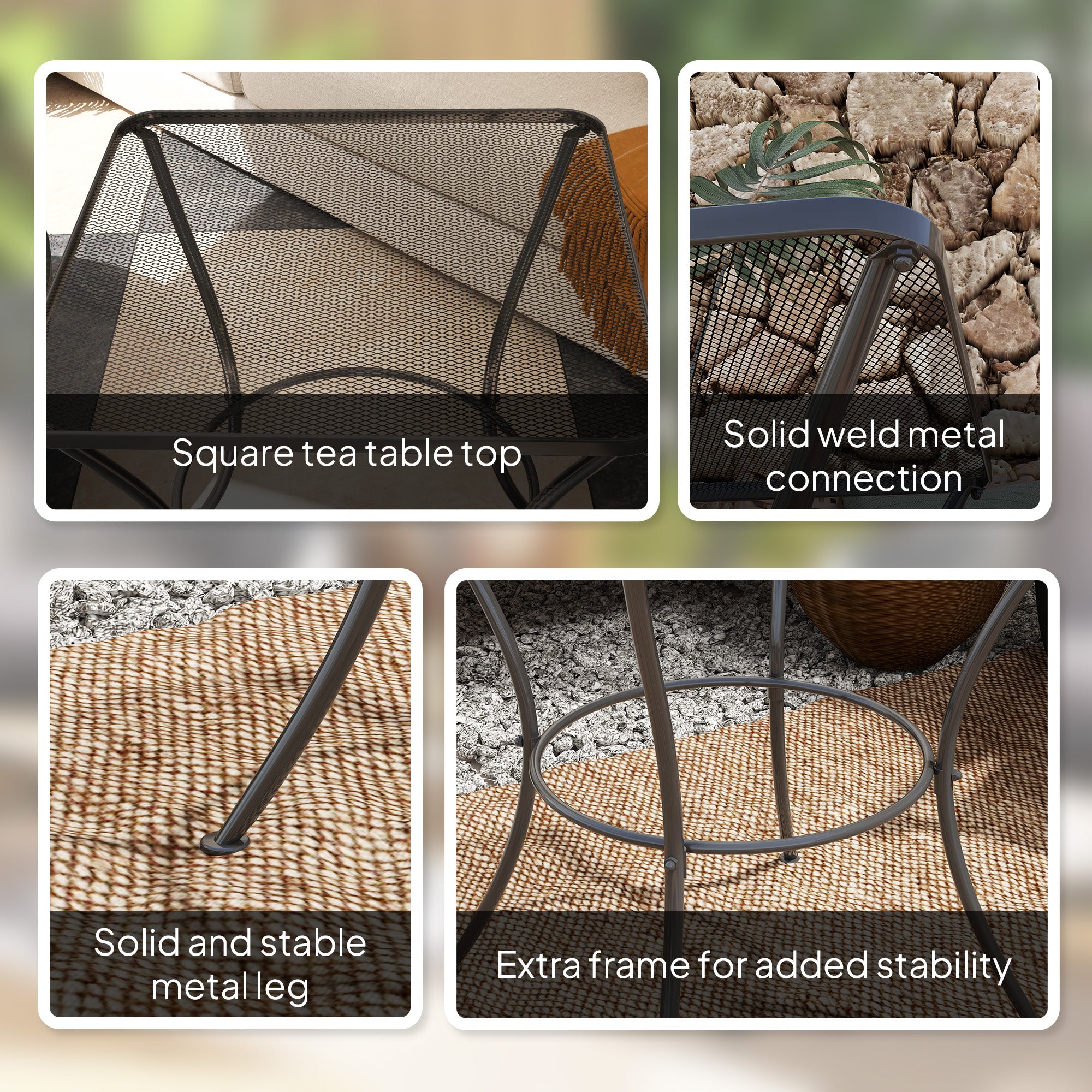 60cm Square Garden Table, Outdoor Metal Bistro Side Desk with Mesh Top, Black