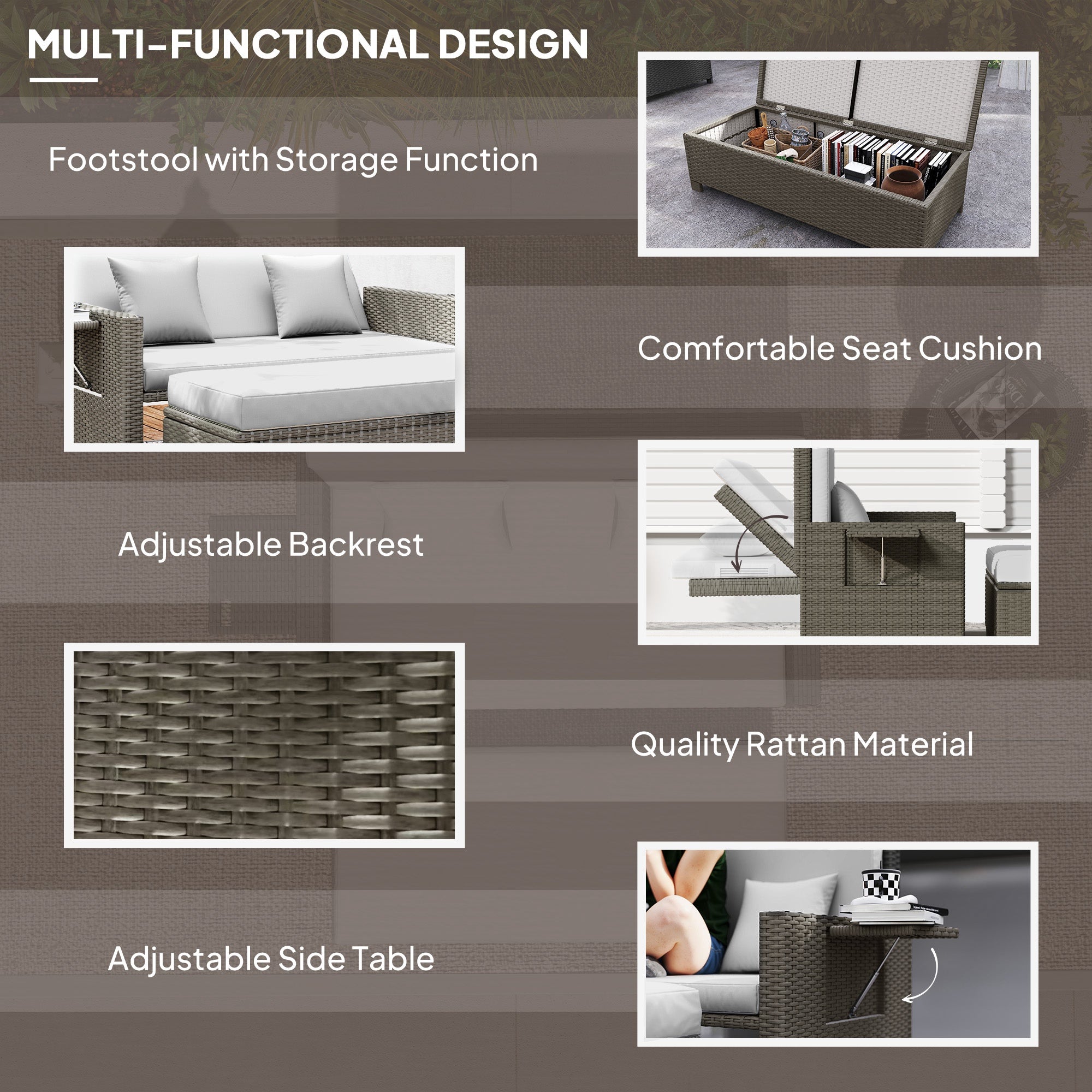 2 Piece Rattan Day Bed Set with Storage Footstool - Light Grey