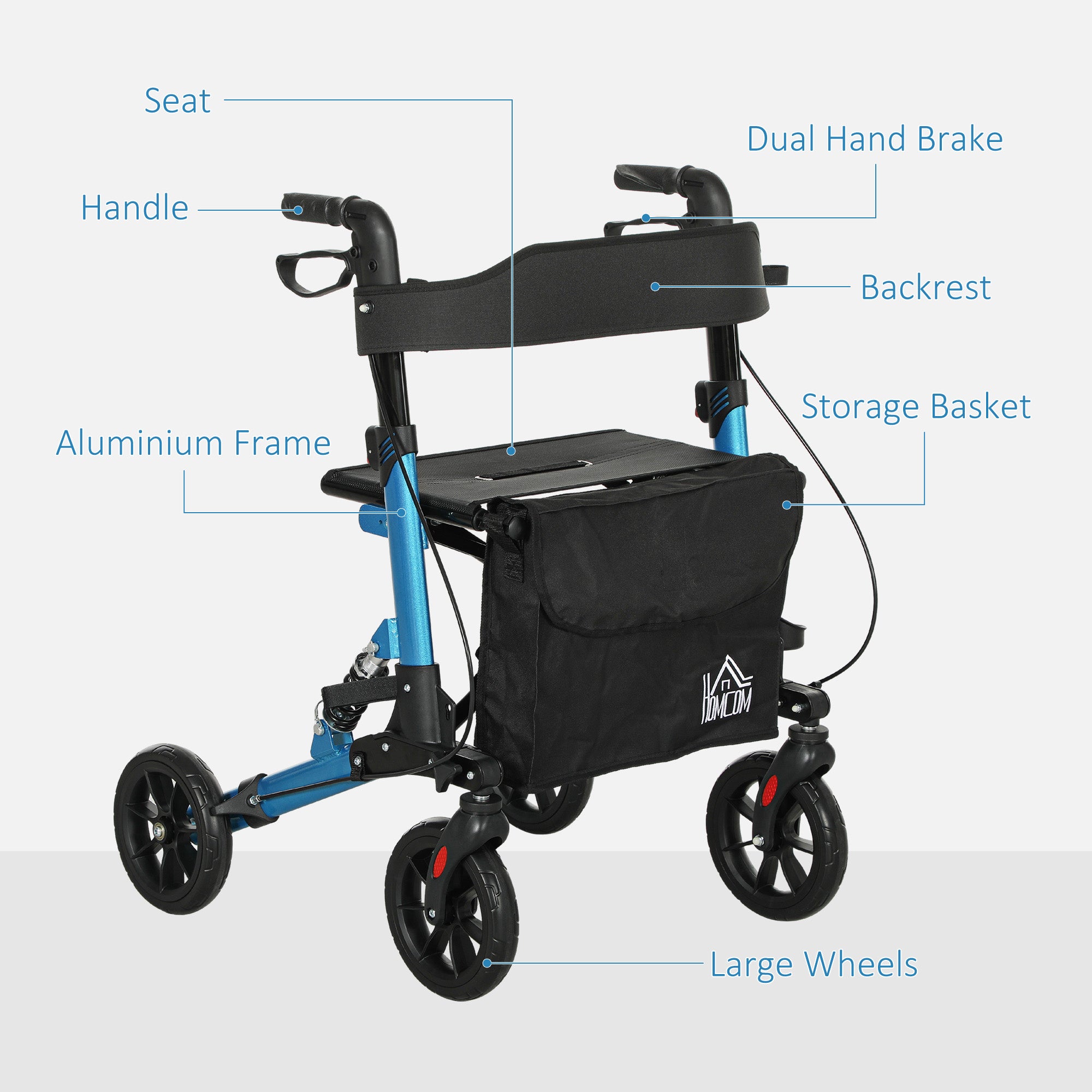 Folding Rollator Walker with Seat, Backrest, Lightweight Walking Frame with Storage Bag, Dual Brakes, Adjustable Handle Height, Suspension System, 4 Wheeled Walker for Seniors, Blue