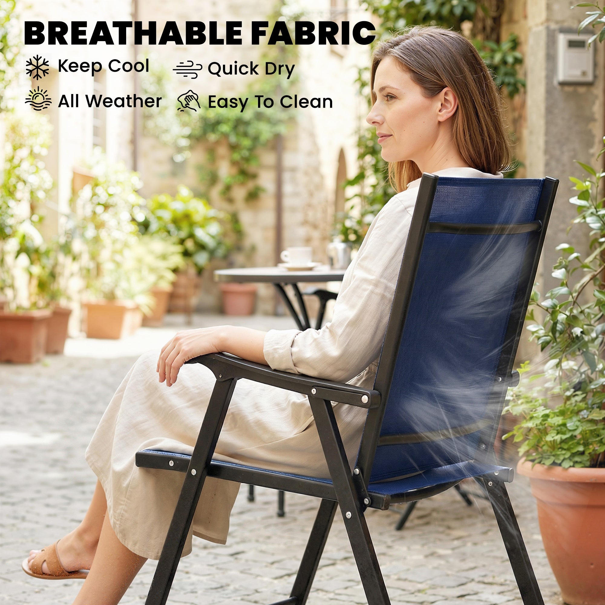 Folding Garden Chairs Set of 2, Foldable Garden Dining Chairs with High Back, Armrests, Texteline Seat, Navy Blue