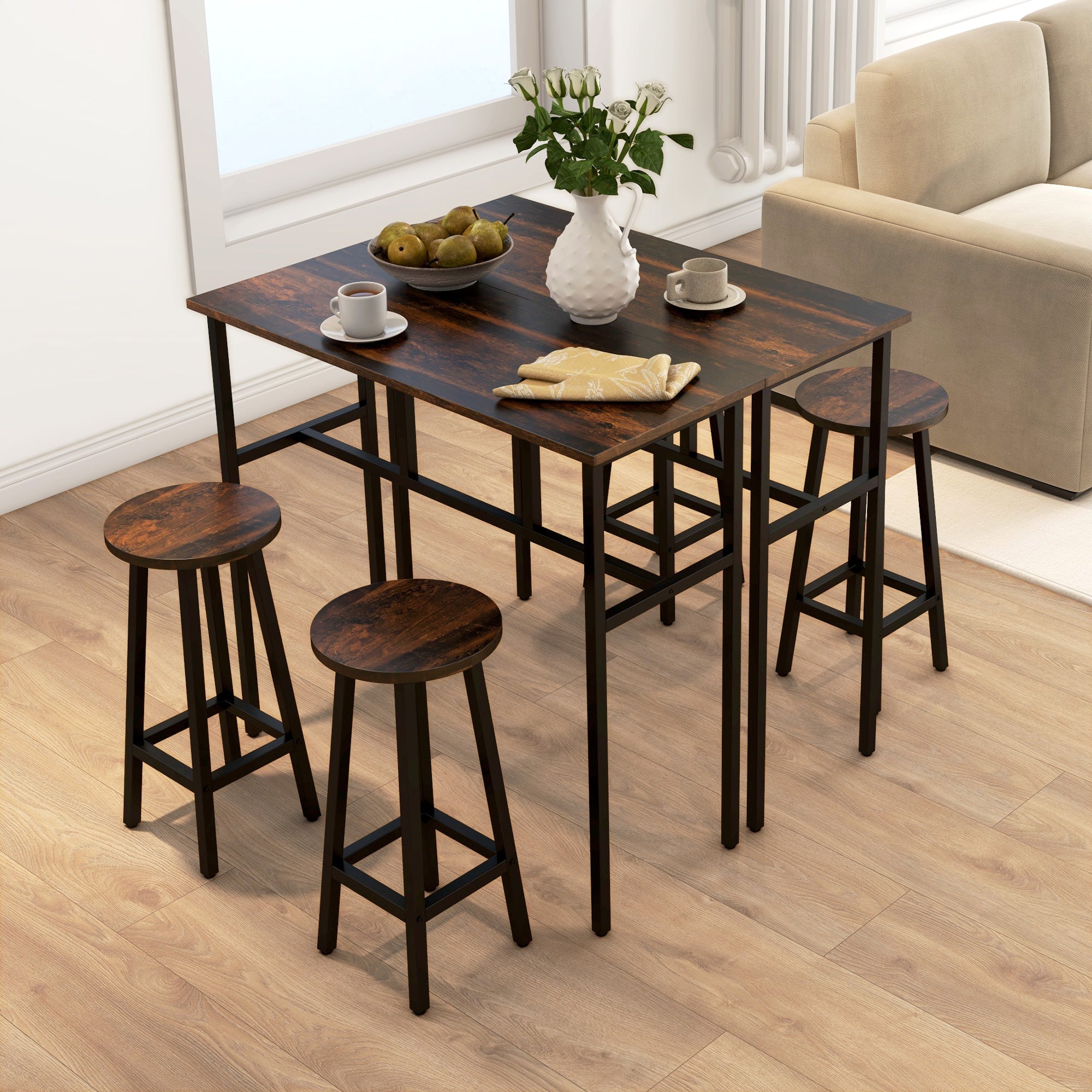 6-Piece Counter Height Bar Table Set with 2 Tables & 4 Stools - Rustic Brown
