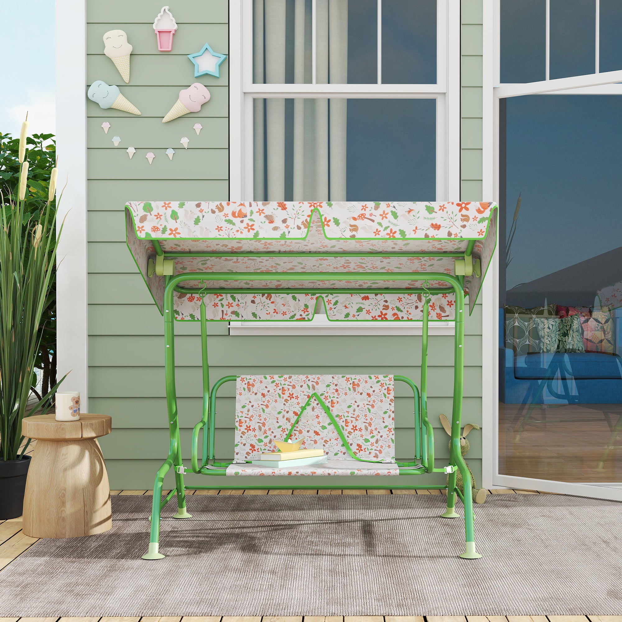2 Seater Kids Garden Swing Bench with Adjustable Canopy - Green