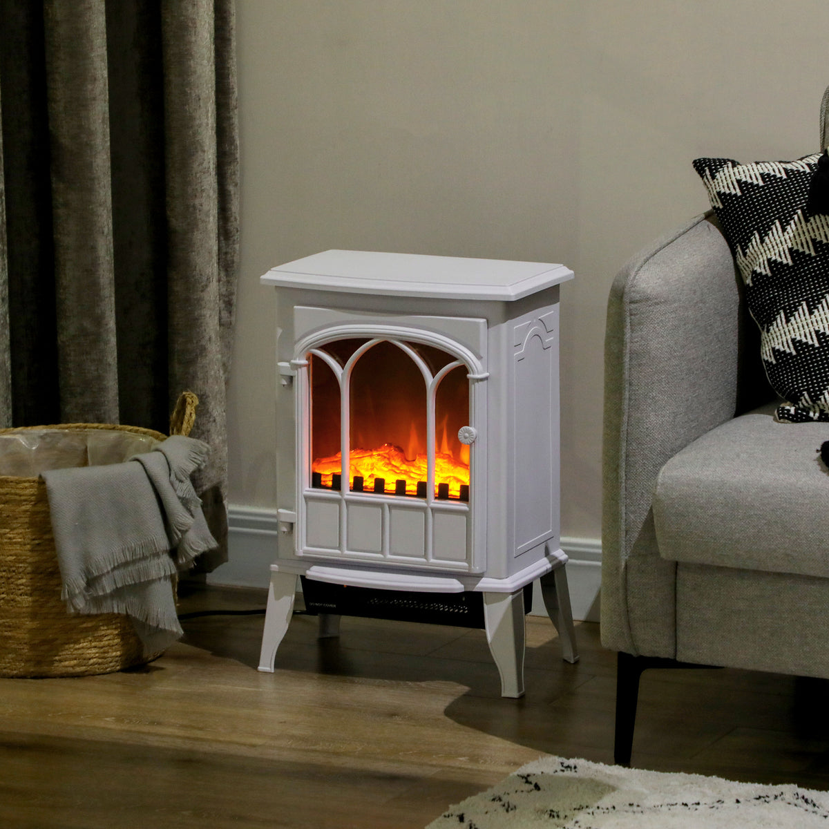 Freestanding Electric Stove Heater with LED Flame Effect, Overheating Safety, 1000W/2000W - White
