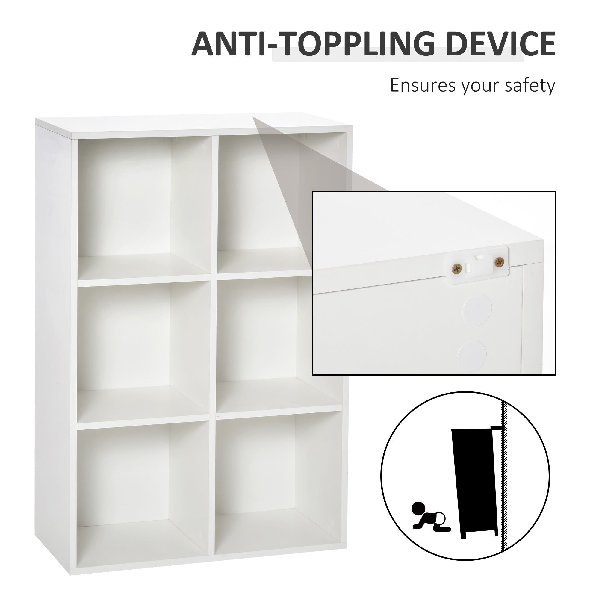 Six-Cube Bookcase Storage Unit with Anti-Tip Straps - White Wood Effect