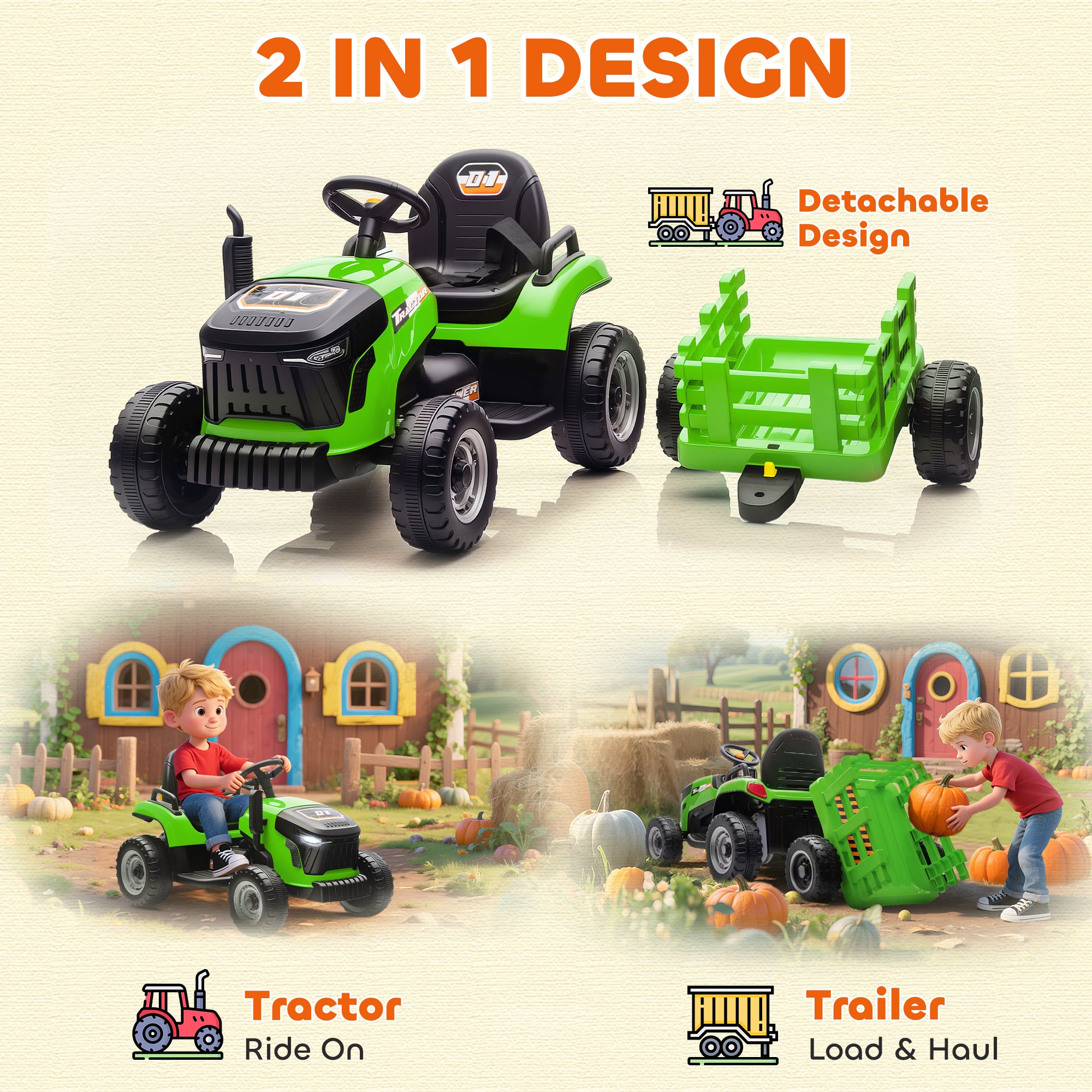 12V Ride on Tractor and Trailer with Remote Control, Music, Shifter, Start-Up Sound, for Kids Ages 3-8 Years, Green