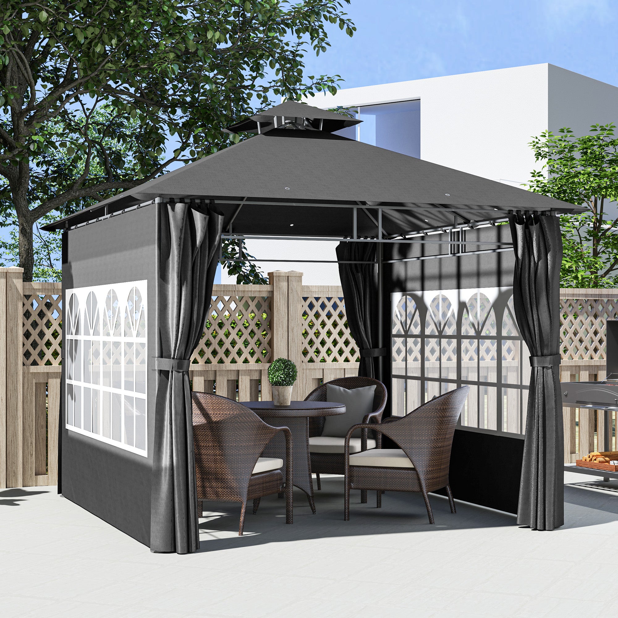 3 x 3 Metre Garden Gazebo Set with Double Roof and Removable Sidewalls - Dark Grey