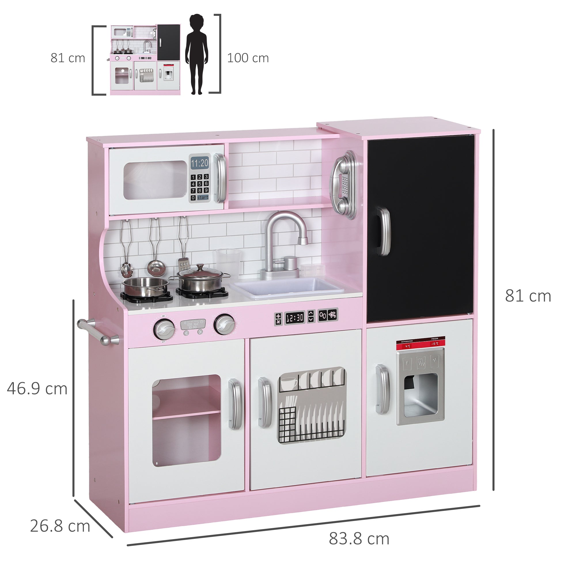 Pretend Play Kitchen Kids Kitchen Playset w/ Toy Phone, Chalkboard, Microwave, Cooking Stove, Sink