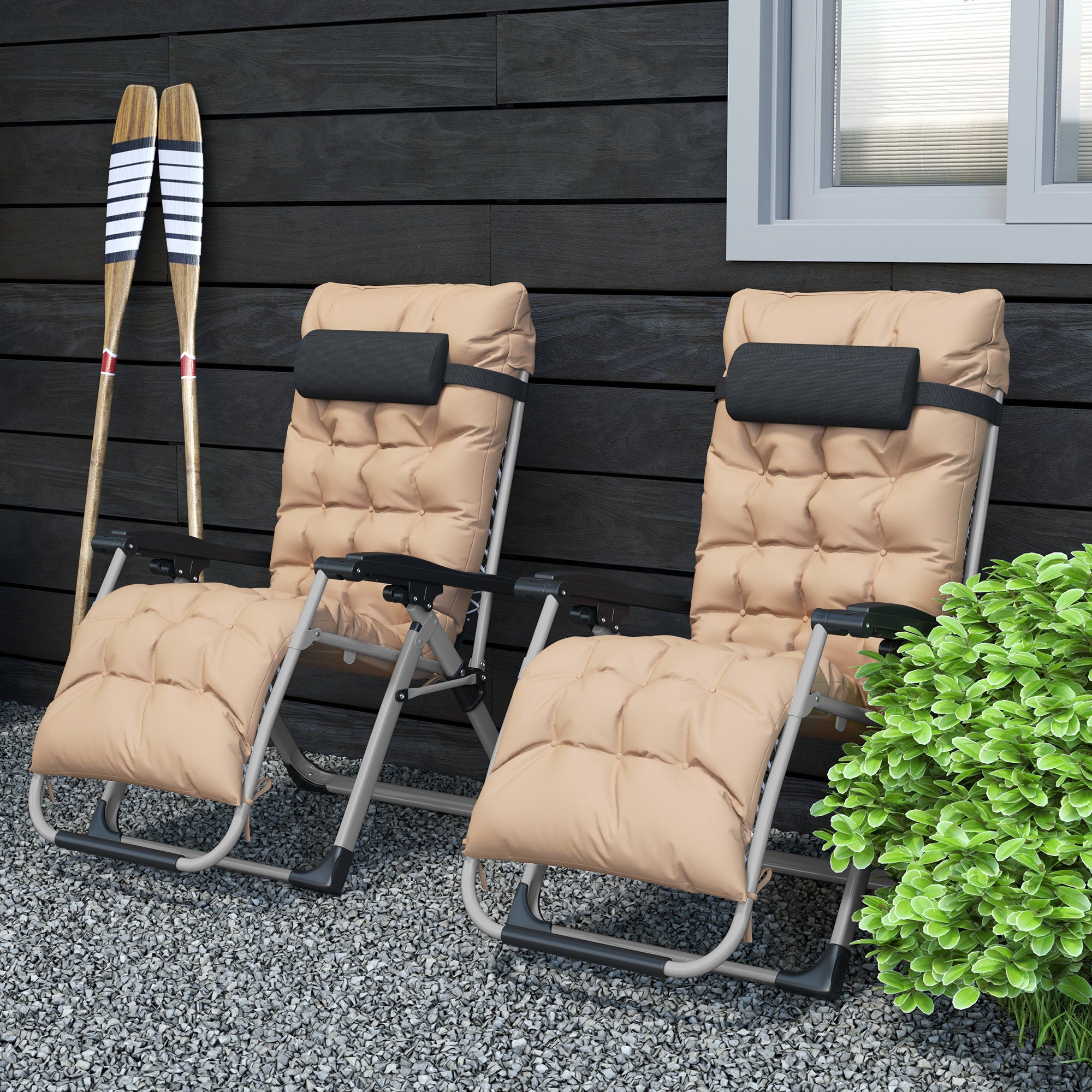 2 Piece Reclining Zero Gravity Sun Loungers with Cushions Khaki