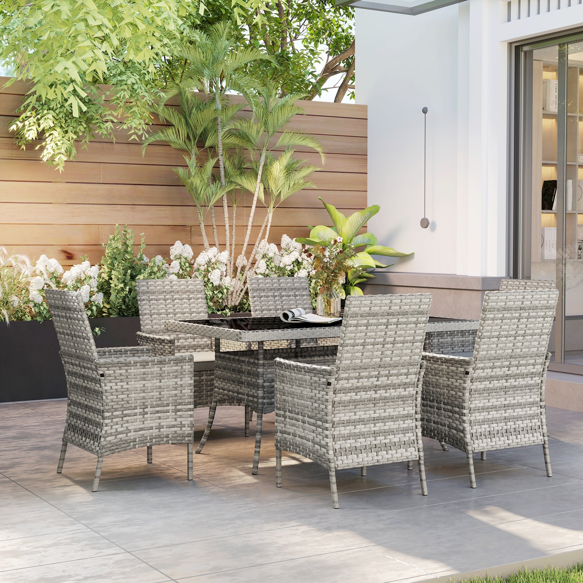 Seven-Piece Rattan Dining Set - Mixed-Grey