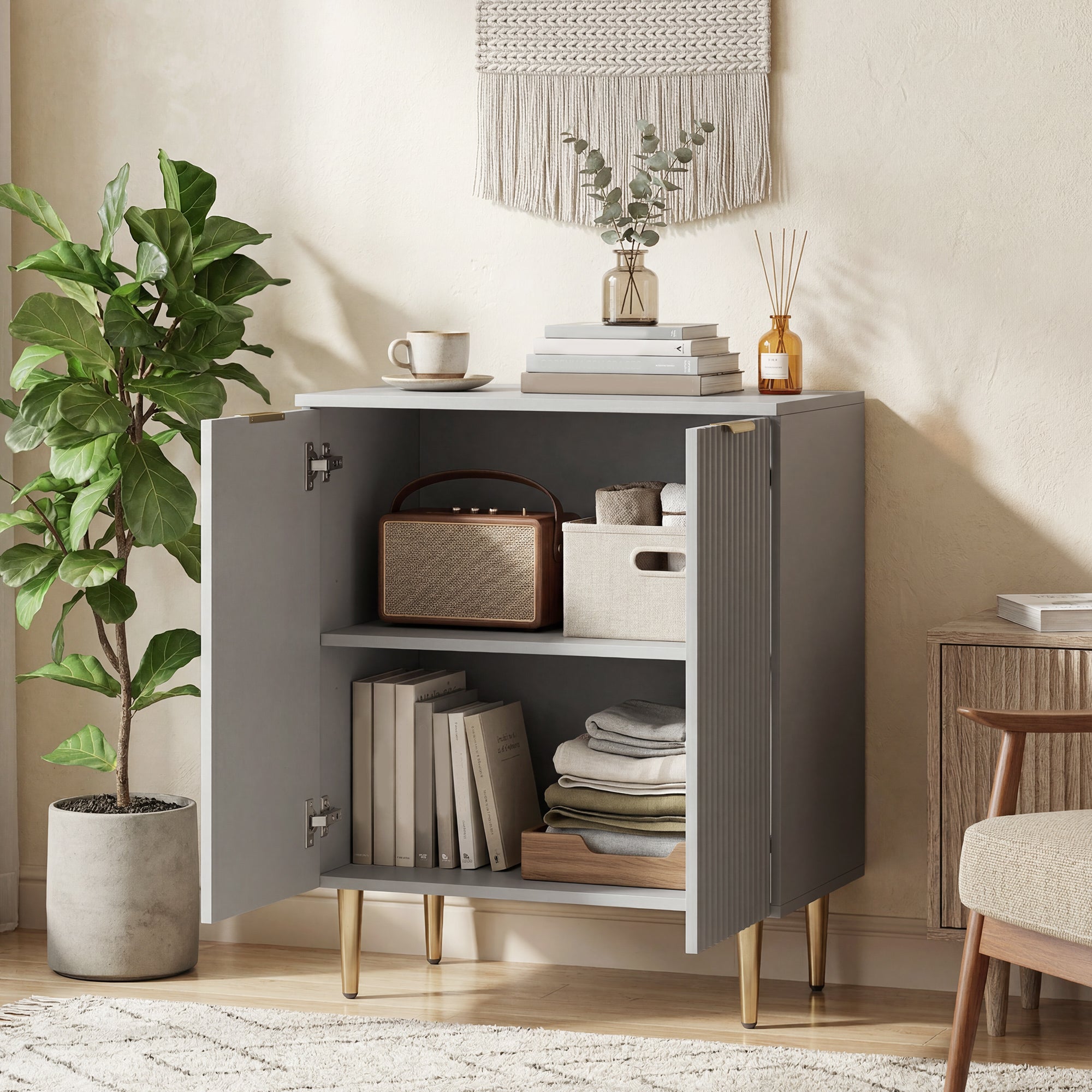Sideboard Buffet Cabinet, Modern Kitchen Storage Cabinet with Adjustable Shelf and Metal Legs, Grey