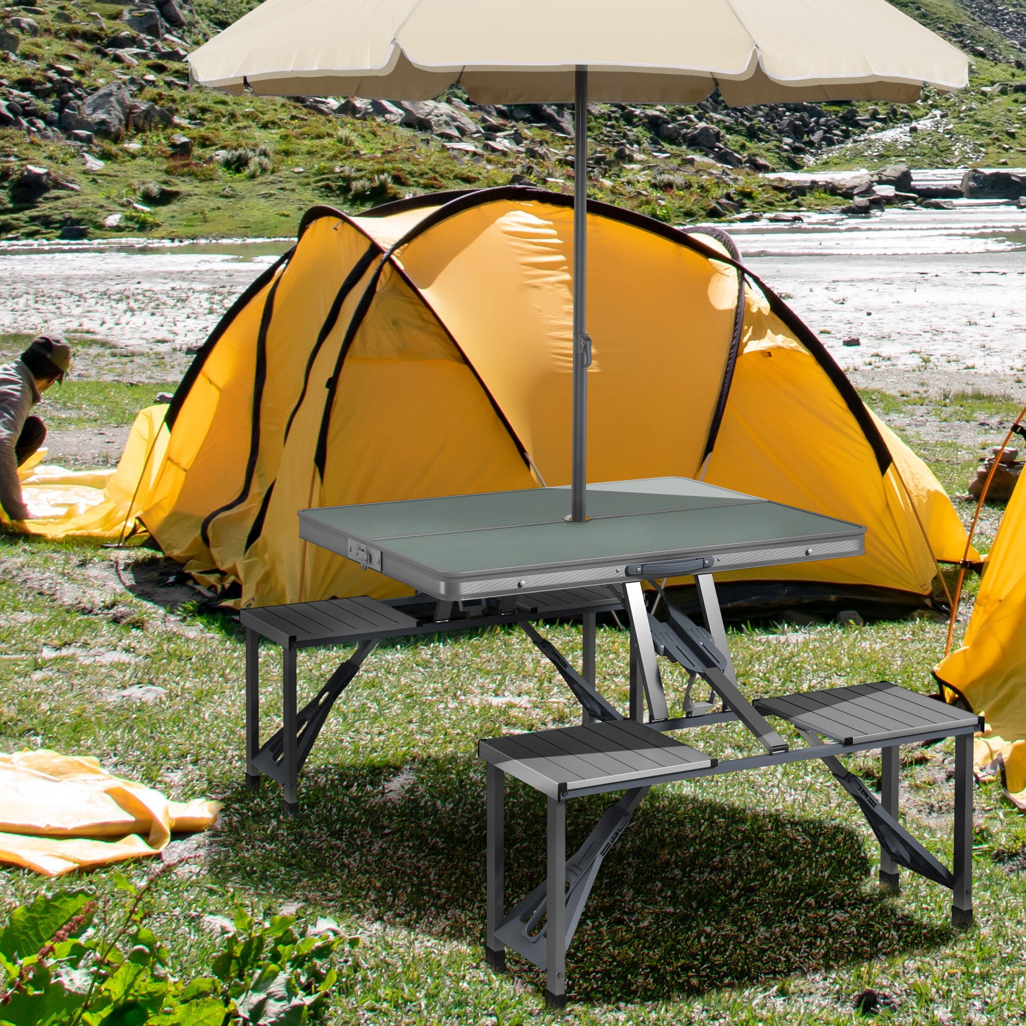 folding patio table with umbrella hole uk Portable Folding Picnic Table with 4 Seats & Umbrella Hole