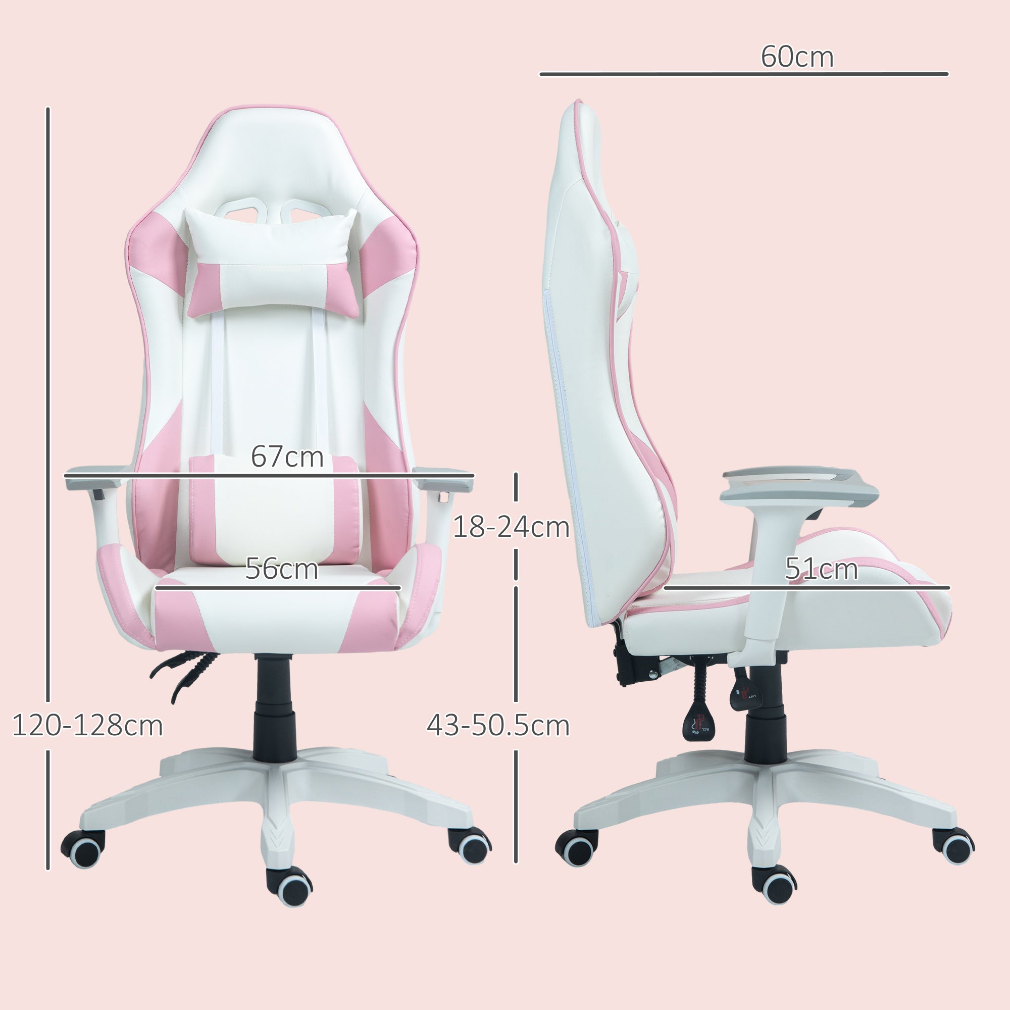 Faux Leather Colour Block Gaming Chair, with 135° Reclining Back - Pink/White