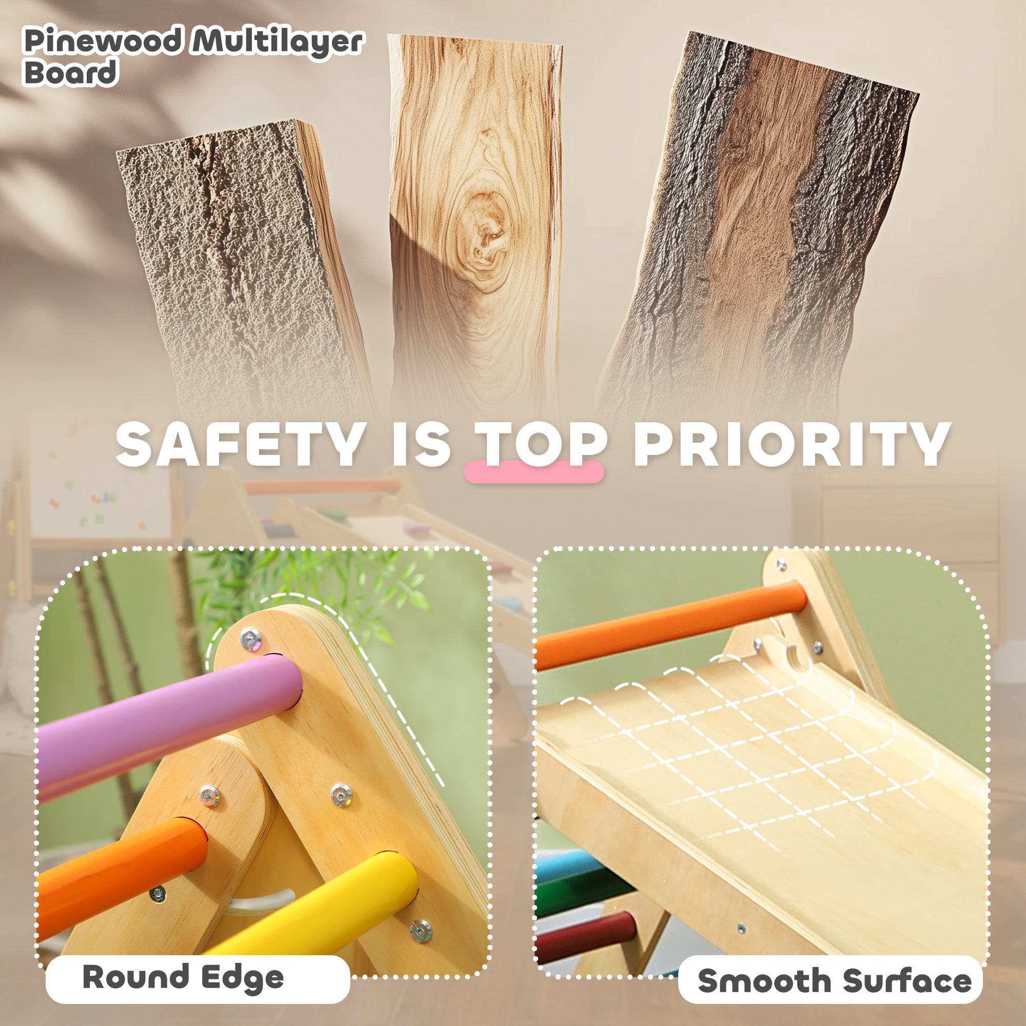 Toddler Climbing Frame for Kids, with Ramp, 3-in-1 Wooden Pikler Triangle Set for 18-48 Months, Multicolour