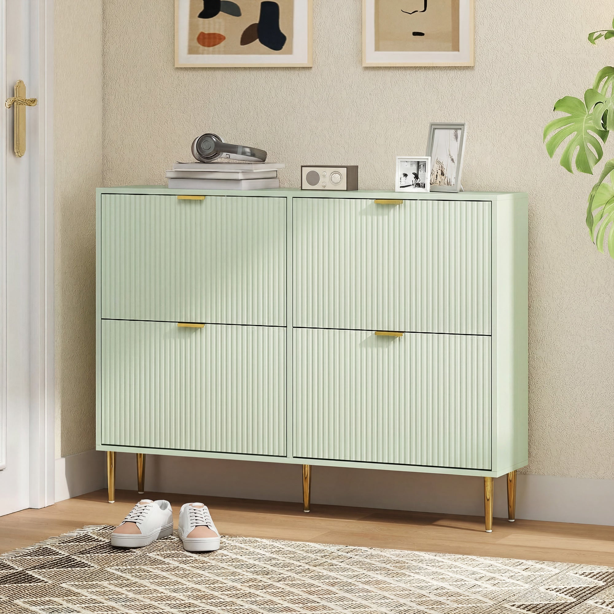 Elegant Four-Drawer Shoe Cabinet - Light Green