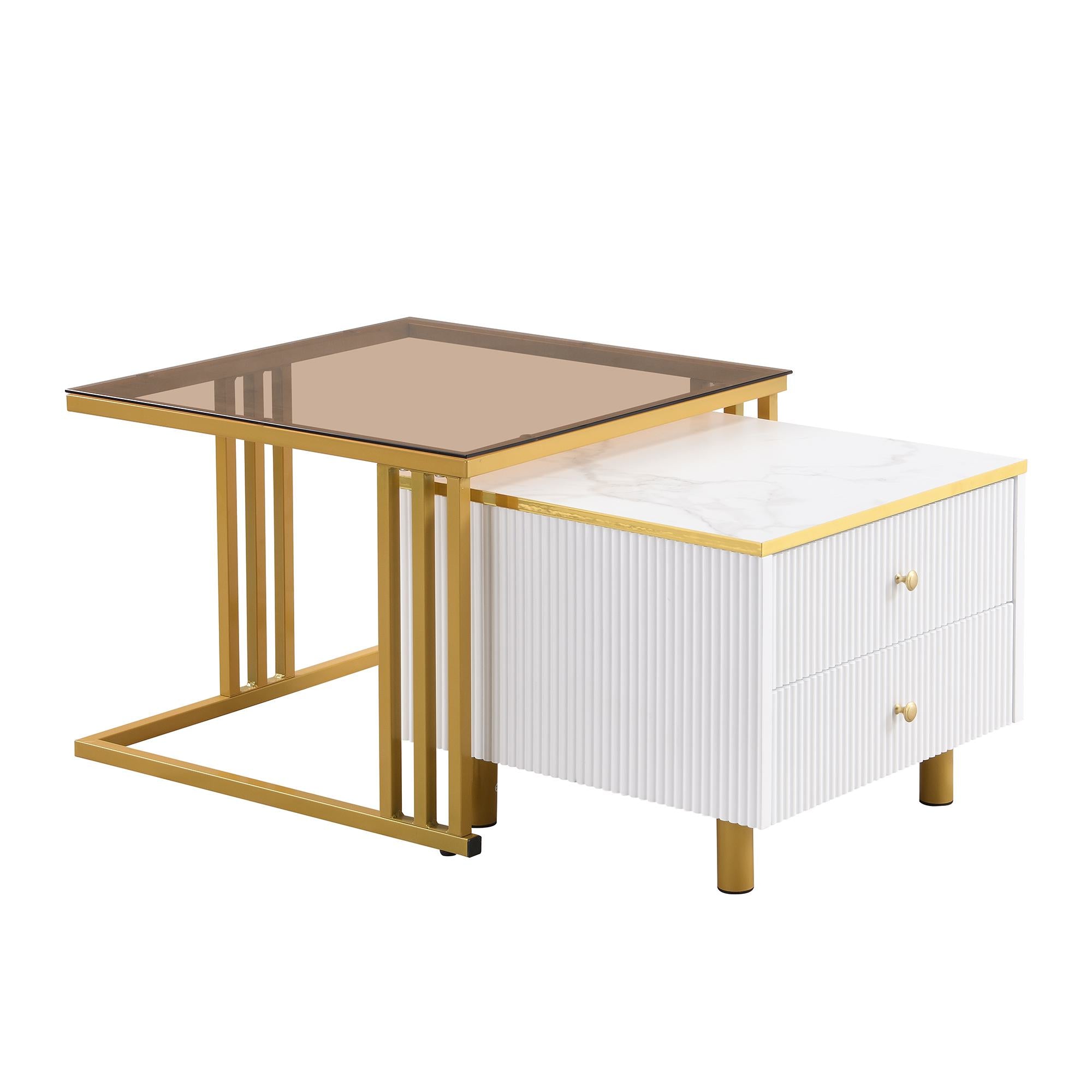 2 Piece Nesting Coffee Table Set with Marble Pattern and Modern Gold Design, Square End Table with Drawer and Metal Frame, Gold+White
