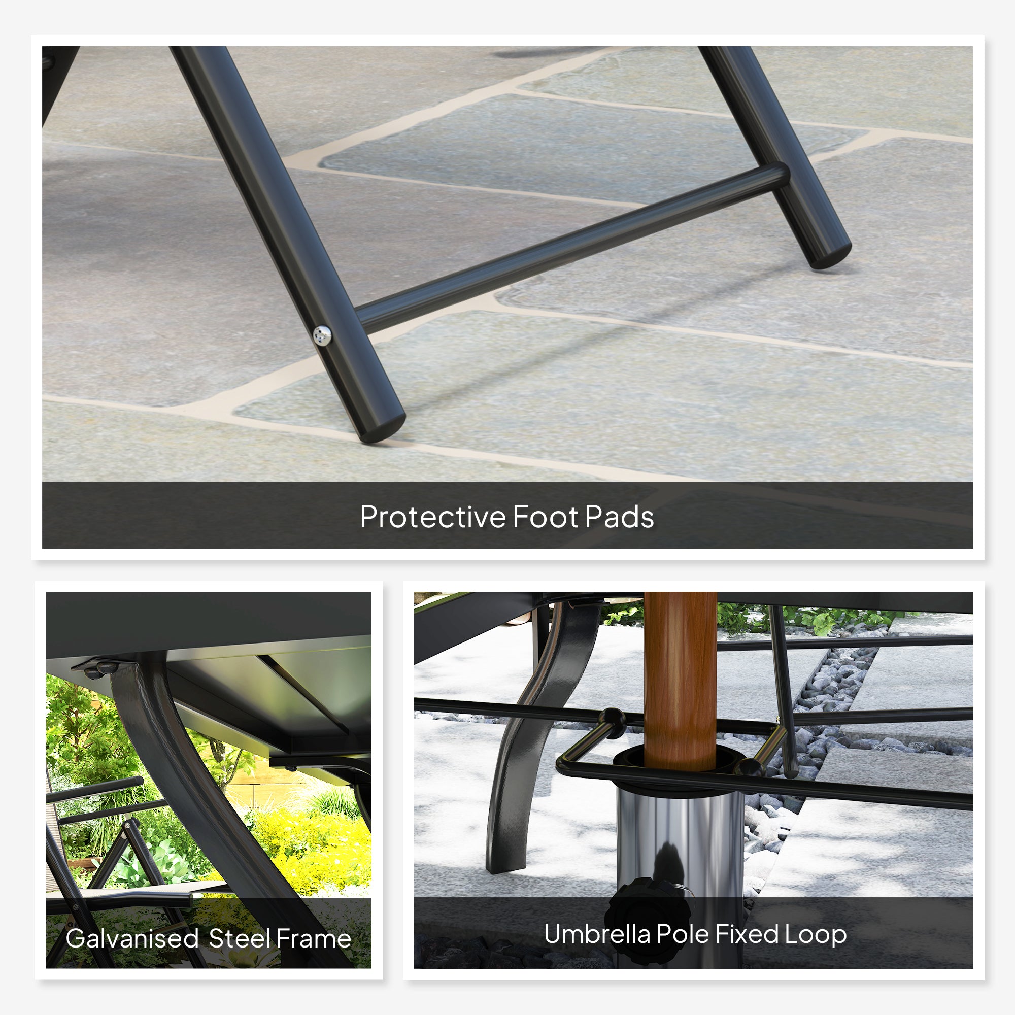 7 Piece Steel Outdoor Dining Set with Parasol Hole - Khaki