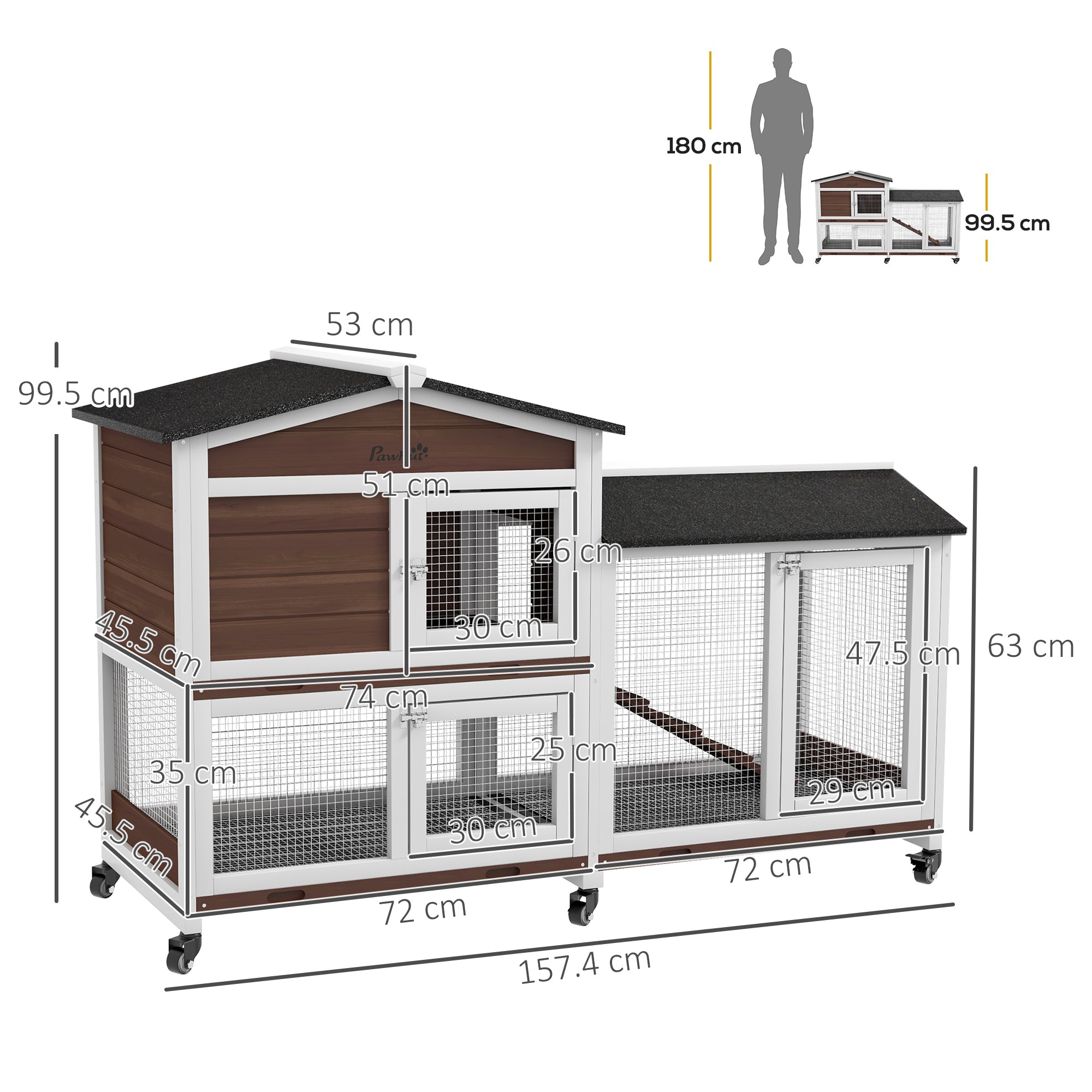 Wooden Two-Tier Pet Hutch with Wheels, Run - Brown