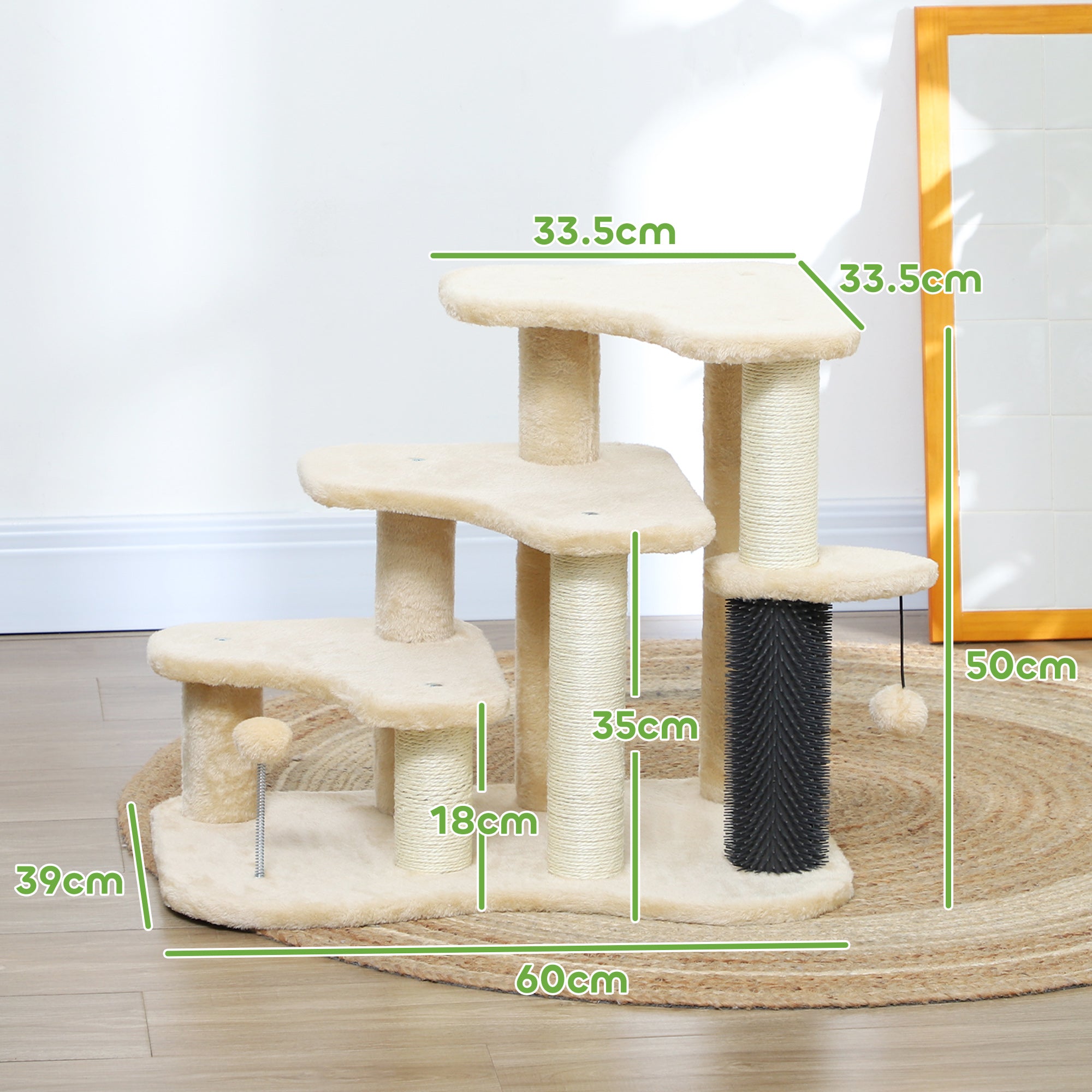 2-in-1 Cat Tree, Pet Stairs with Scratching Tickling Post, Toy Balls, for Bed, Sofa, Couch, Beige