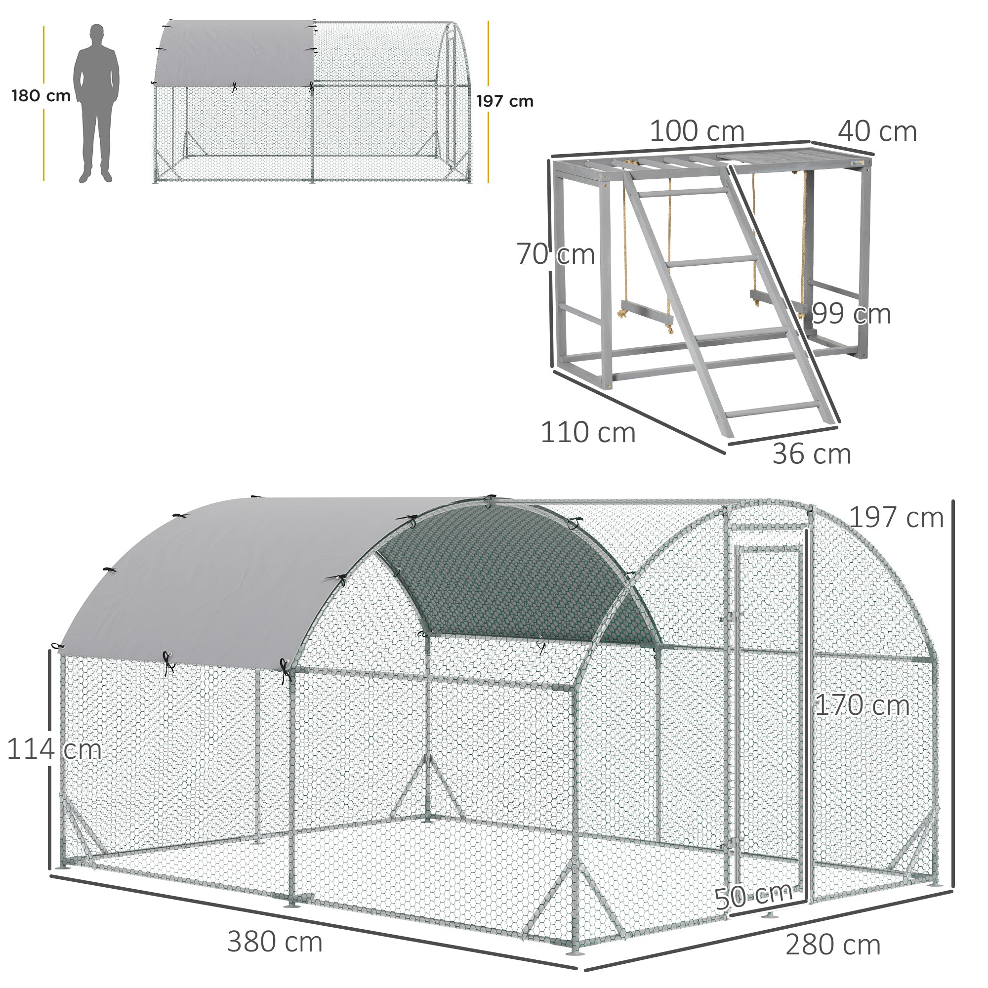 Walk In Chicken Run with Chicken Activity Shelf and Cover, 2.8 x 3.8 x 2m