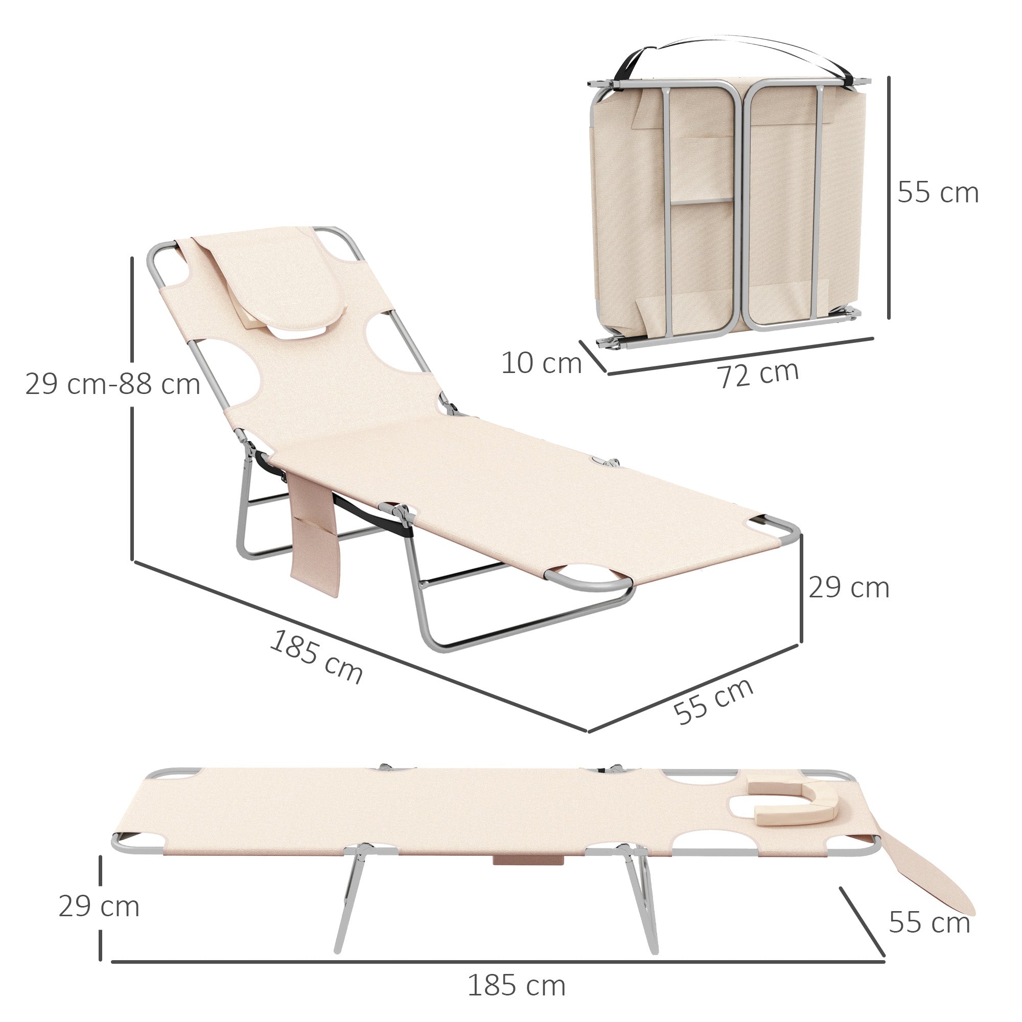 Foldable Sun Lounger Set of 2, Beach Chaise Lounges with Reading Hole, Arm Slots, 5-Position Adjustable Backrest, Side Pocket, Pillow for Patio, Garden, Beach, Pool, Beige