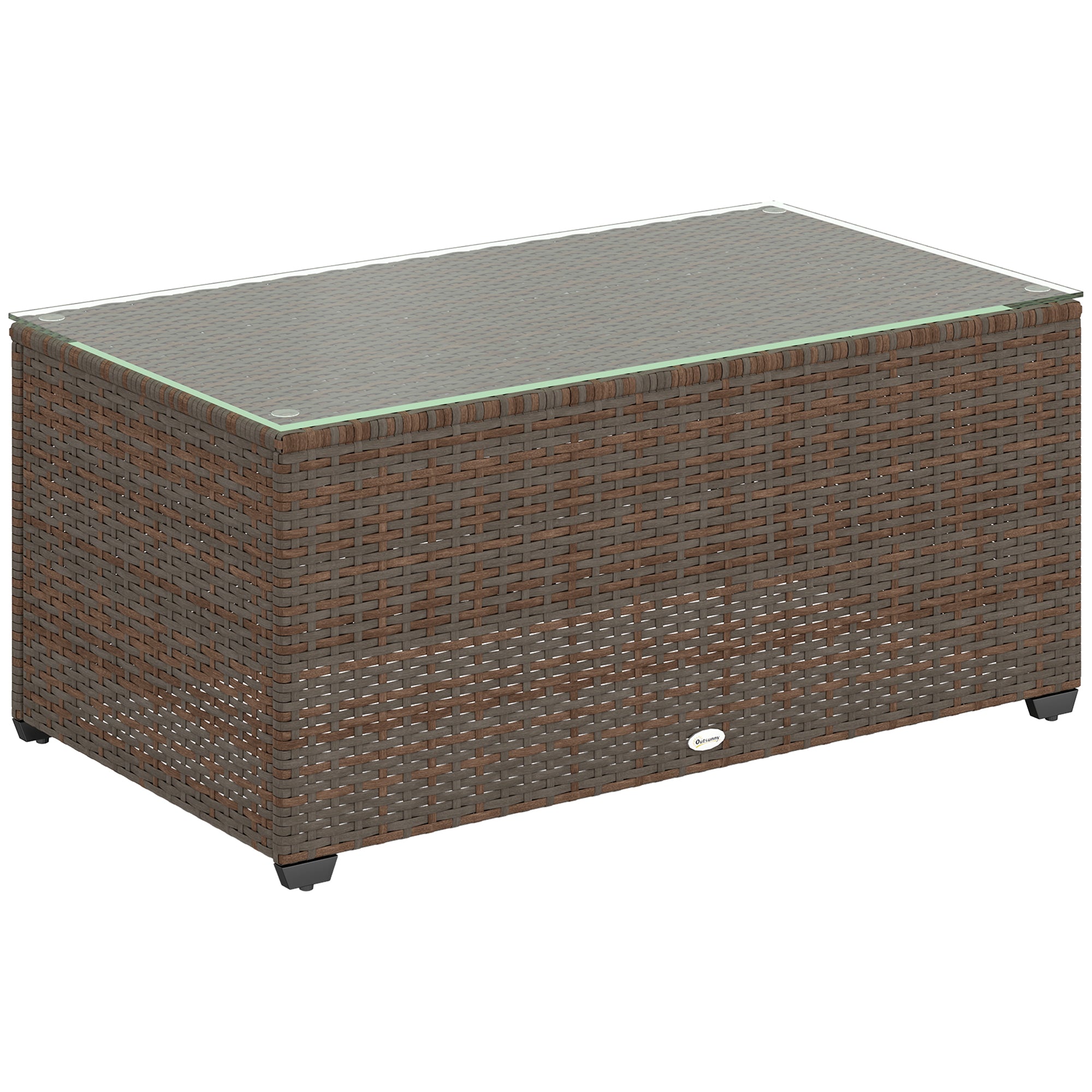 90 x 50cm Glass Top Rattan Side Table with Tempered Glass Brown