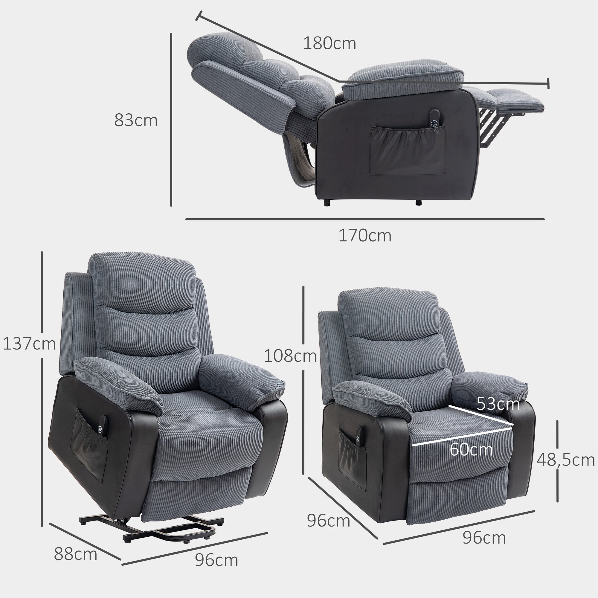 Overstuffed Corduroy Electric Lift Chair - Dark Grey