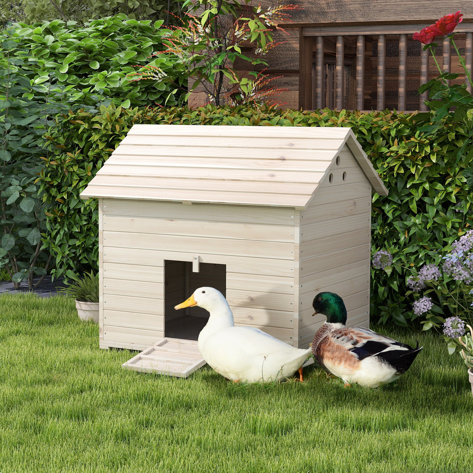 Wooden Duck House Poultry Coop for 2-4 Ducks with Openable Roof Raised Feet Air Holes Natural
