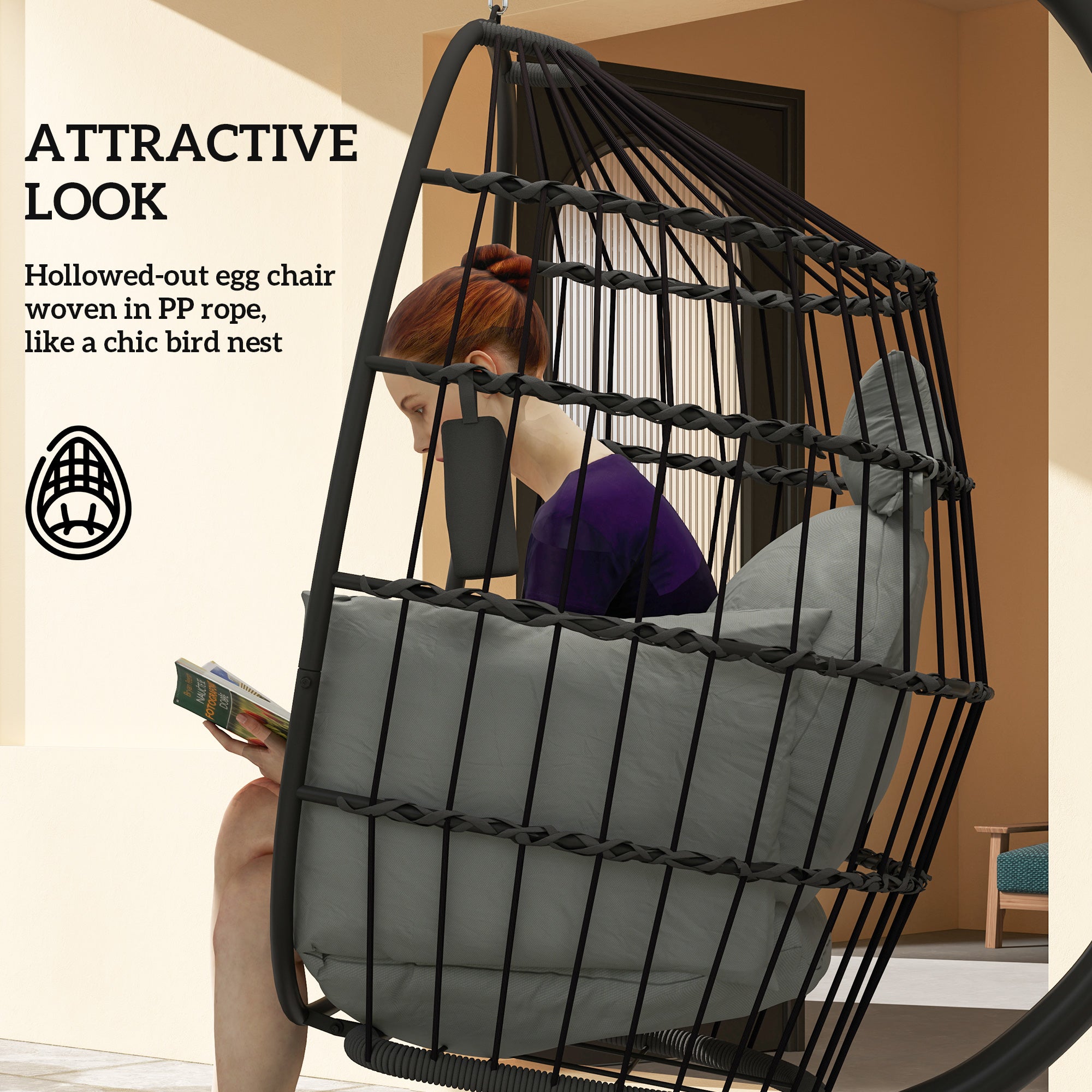 Hanging Egg Swing Chair with Folding Basket, Cushion, Headrest & Cup Holder for Indoor Outdoor Patio Garden - Dark Grey