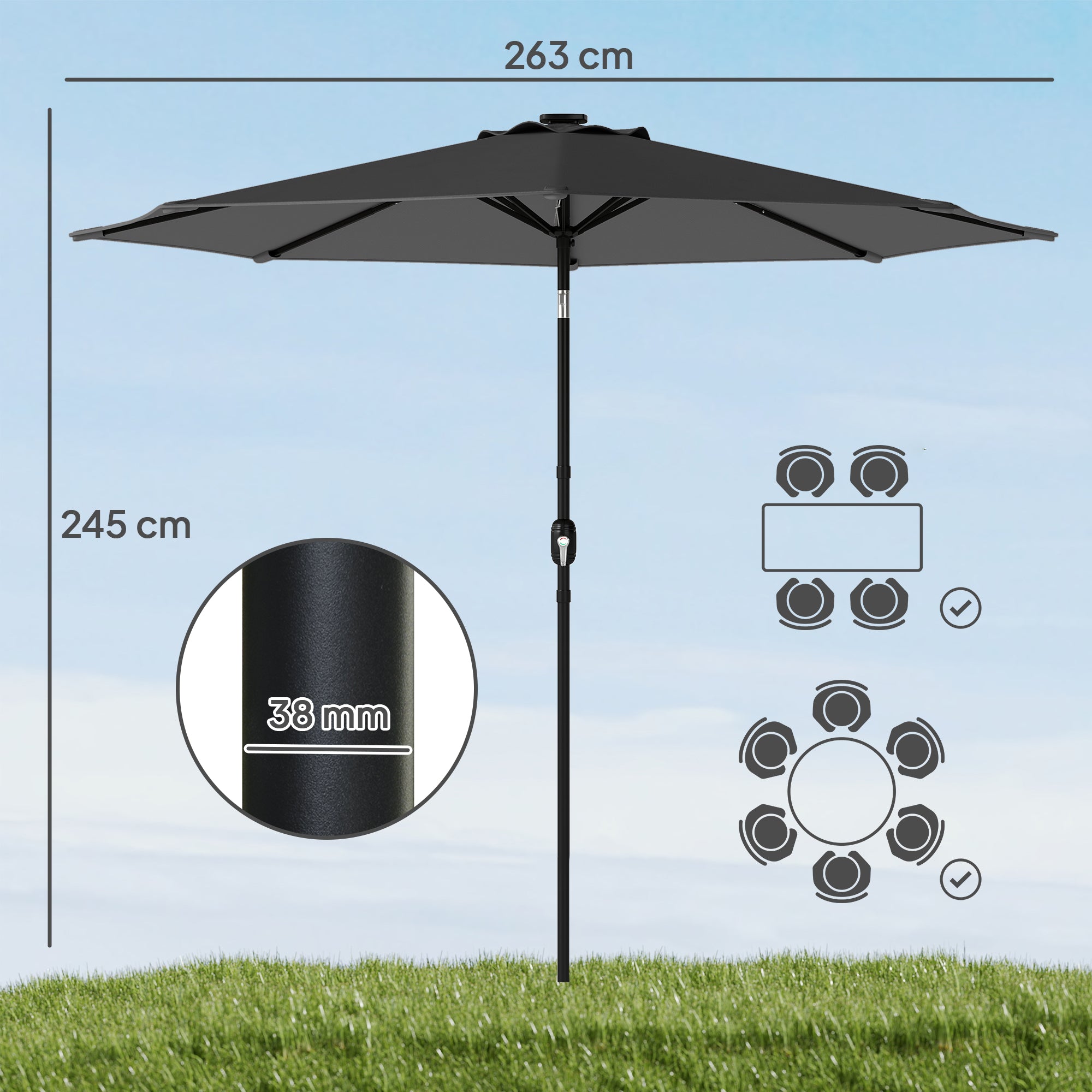 2.6 m Garden Parasol Umbrella with LED Solar Light, Parasol Cover, Outdoor Market Patio Umbrella, Black
