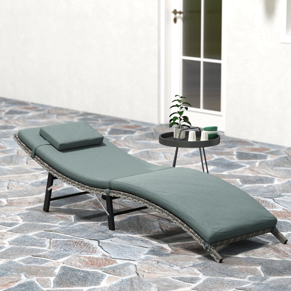 Rattan Folding Sun Lounger with Cushion and Pillow - Mixed Grey