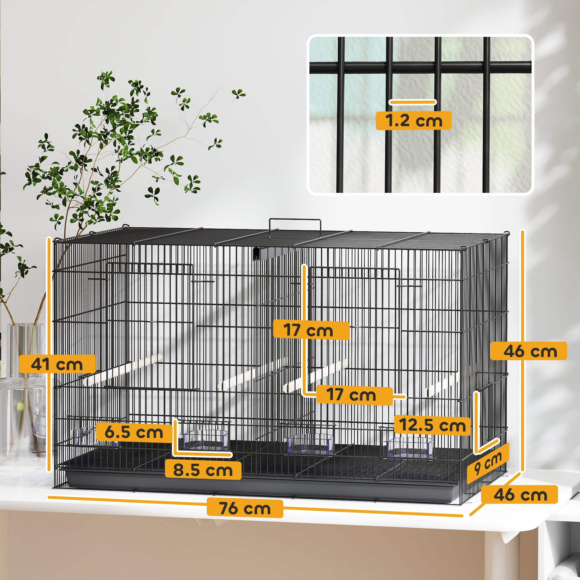 Bird Cage with Divider, 4 Perches & Feeders, Slide-Out Tray, 76x46x46cm for Budgie, Lovebird, Canary - Black