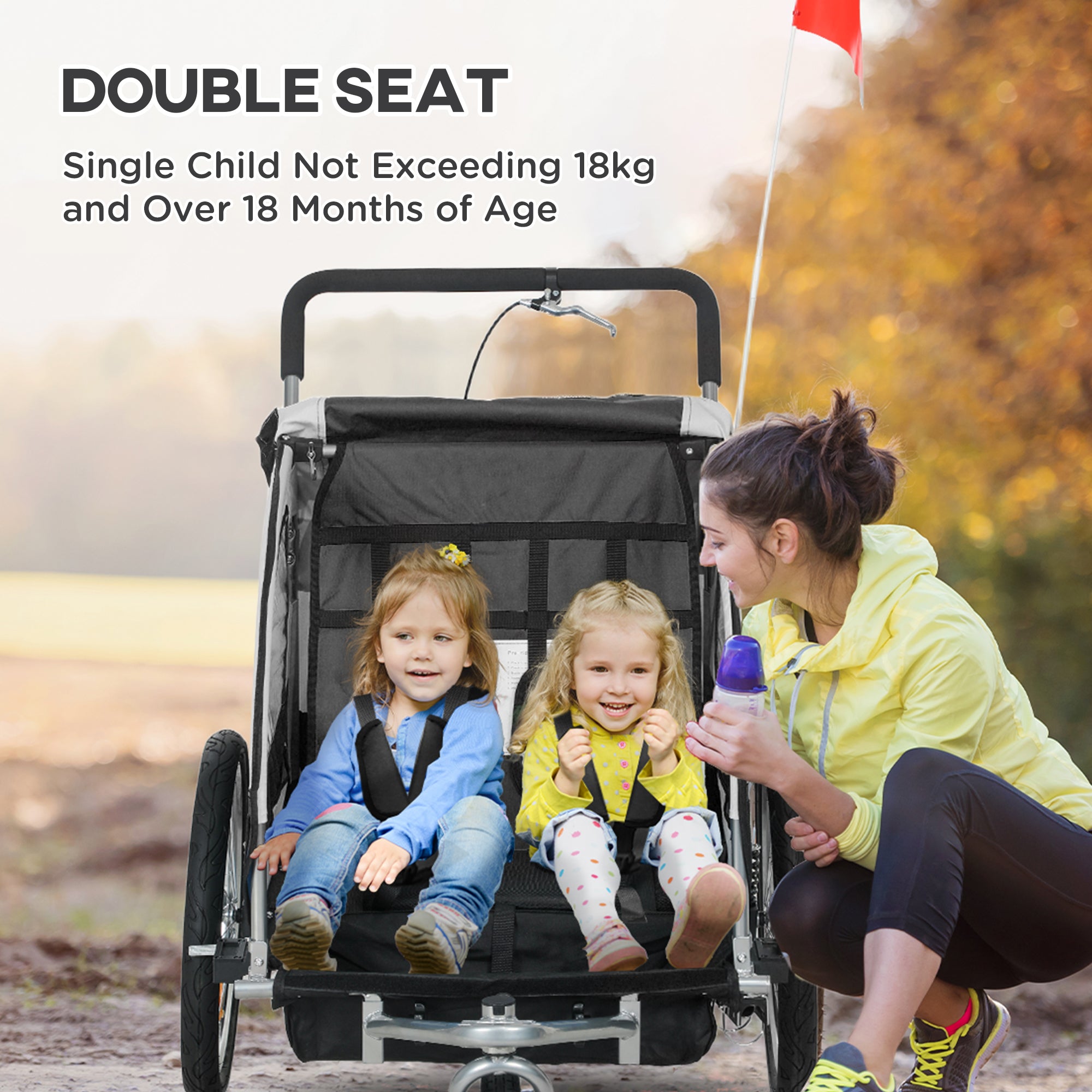 2 Seat Bike Trailer with 5 Point Harness, Baby Bike Stroller with Safety Flag, Reflectors, for 18+ Months, Black