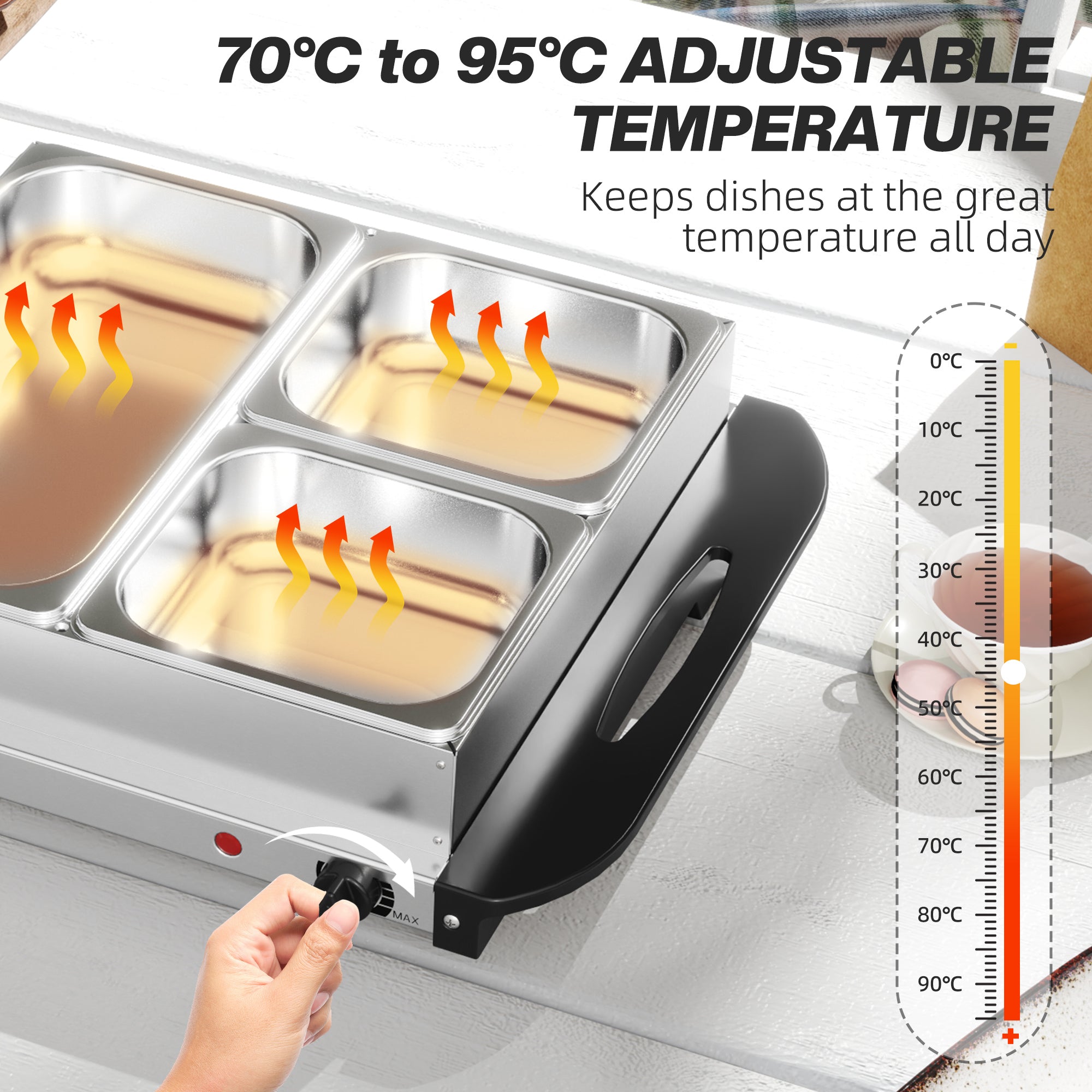 Electric Food Warmer 4 Tray, 4.5L Portable Buffet Server and Warming Tray with Lids, Adjustable Temperature Control and Cool Touch Handles, 200W, 1 x 2.5L and 2 x 1L