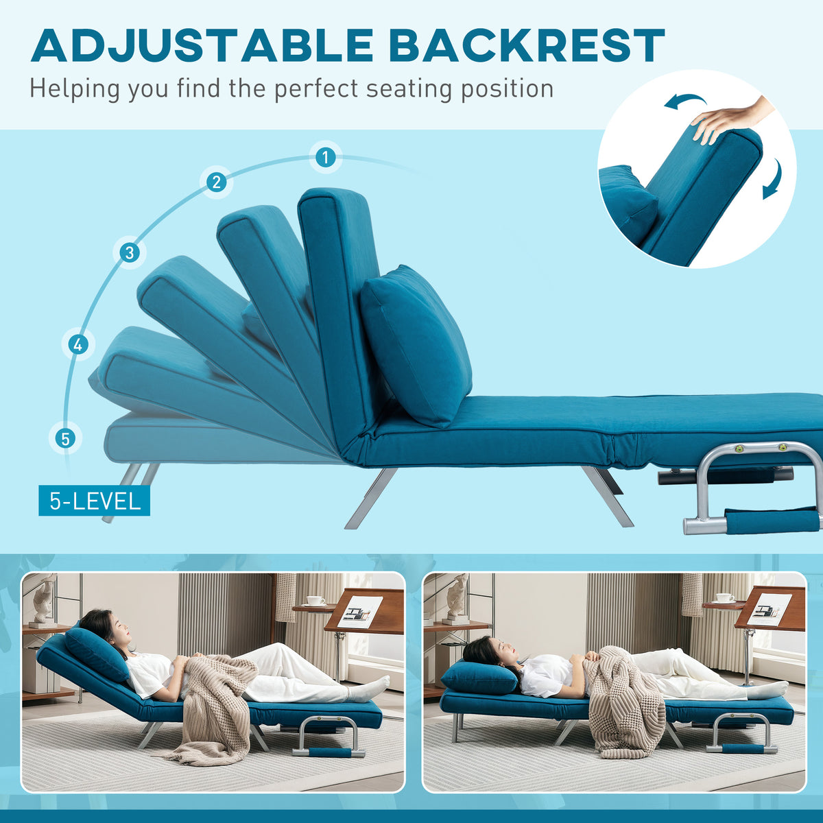4-in-1 Adjustable Faux Suede Chair Bed with Pillow - Blue