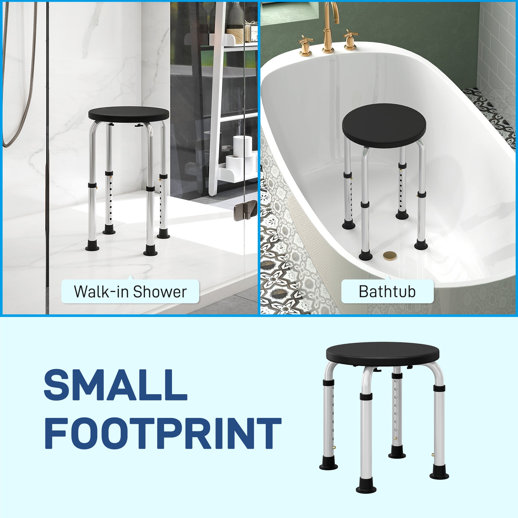 Shower Chair, Height Adjustable Aluminium Shower Stool with Non-Slip Feet for Disabled, Elderly, Black