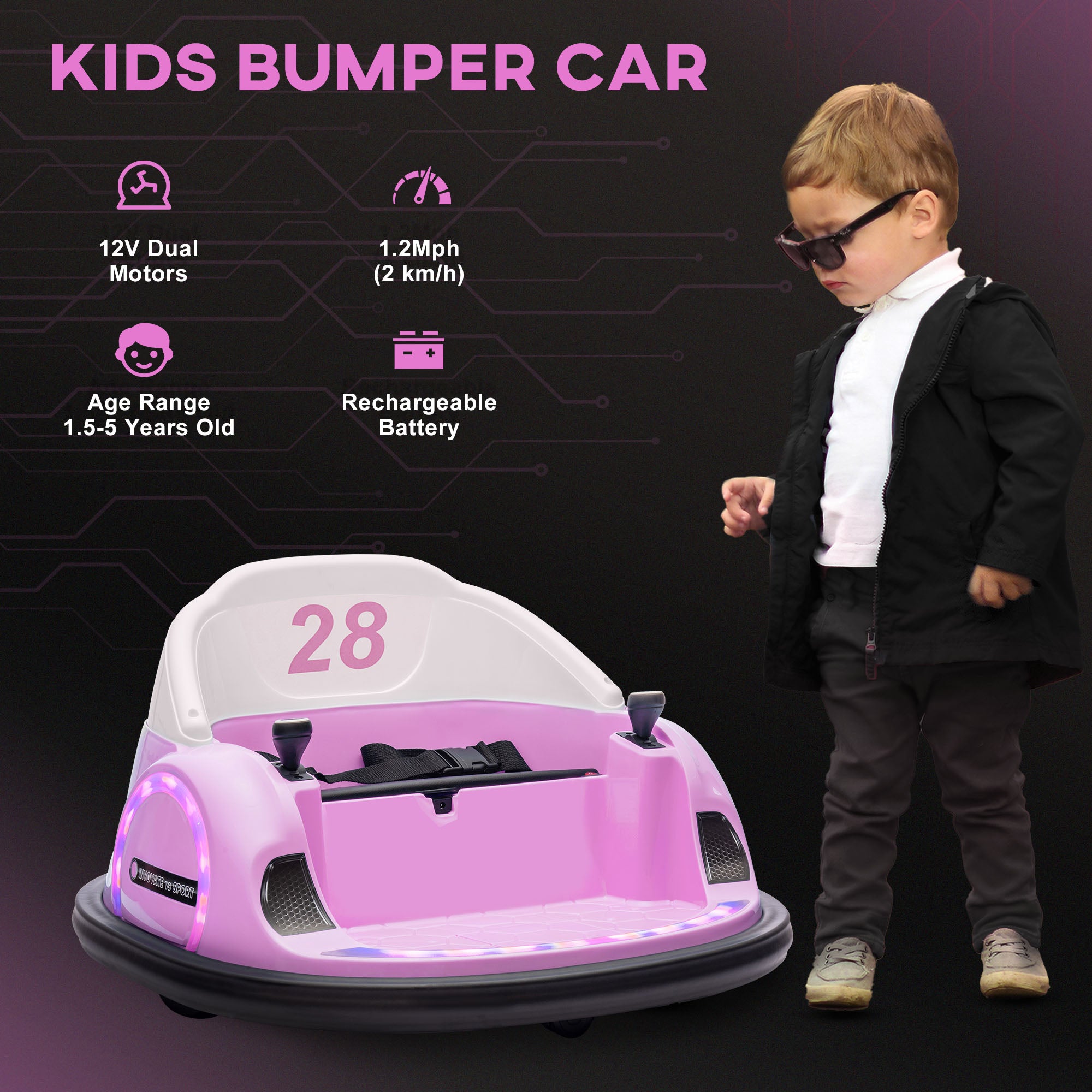 360° Rotation Kids Bumper Car, 12V Waltzer Car with Remote Control, Dual Joysticks, Music Lights - Pink