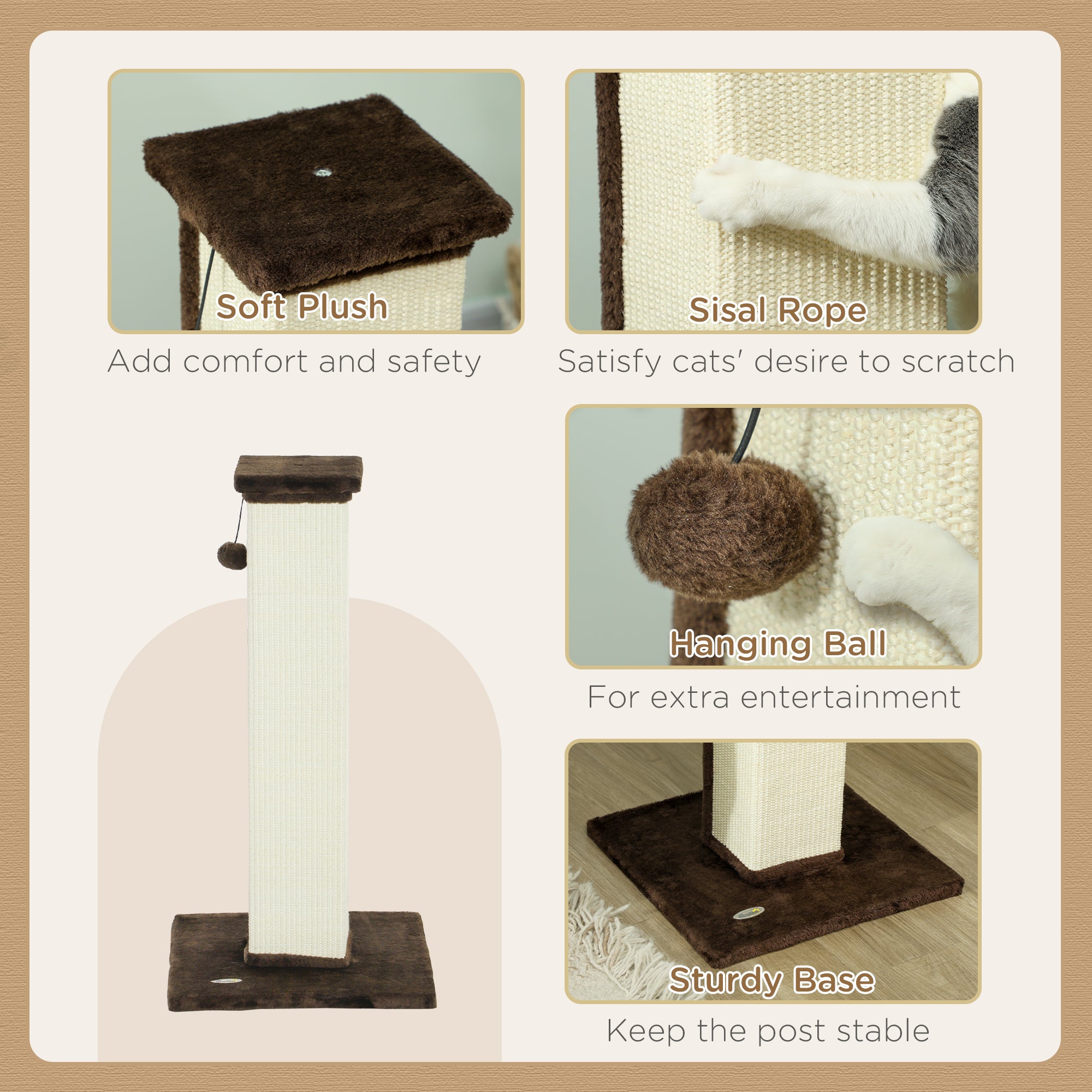 81cm Vertical Cat Scratcher with Sisal Rope, Hanging Ball & Plush - Brown