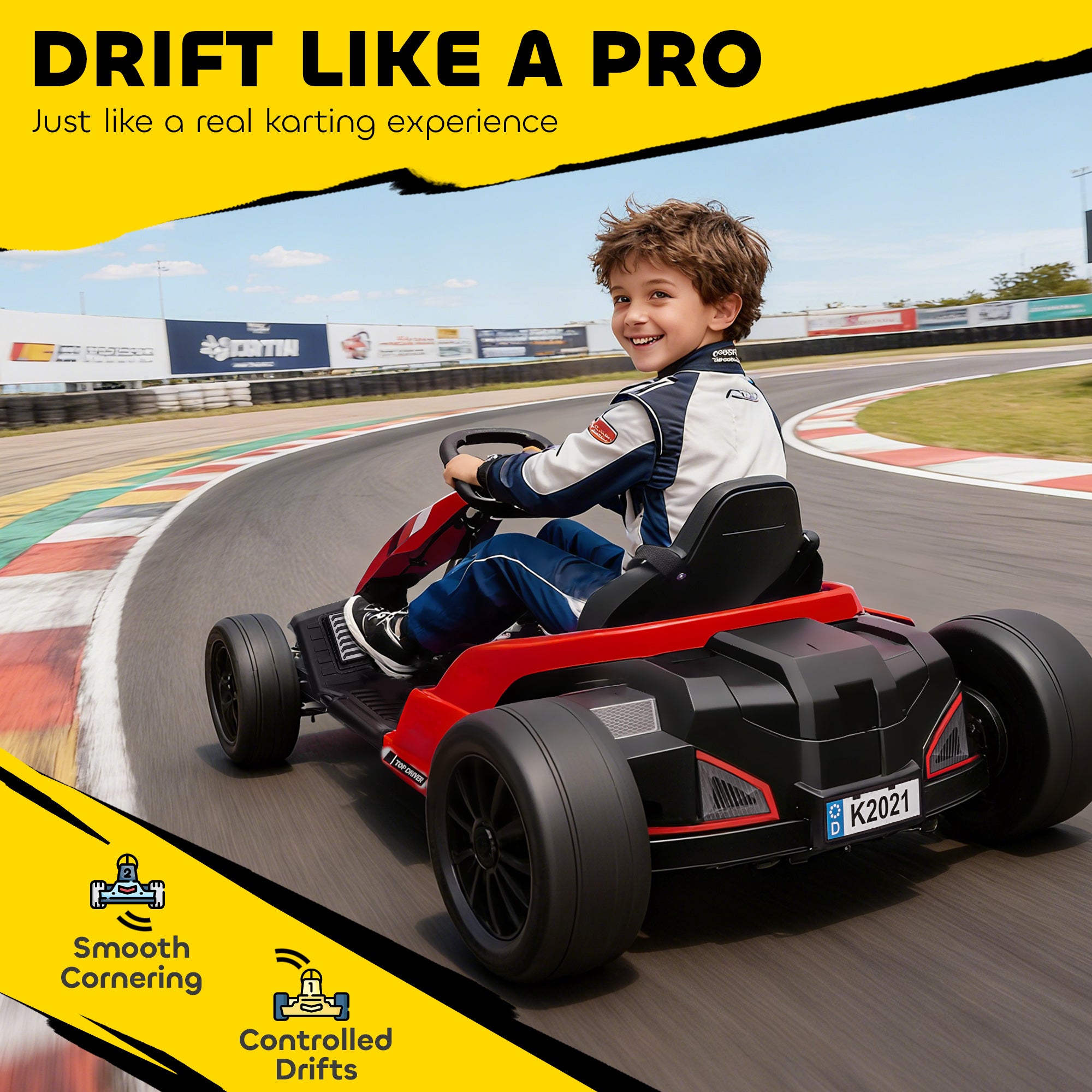 24V Electric Go Kart, Drift Kart with Adjustable Seat, Slow Start, 5-Point Harness, Music, Horn, for 6-12 Years, Red