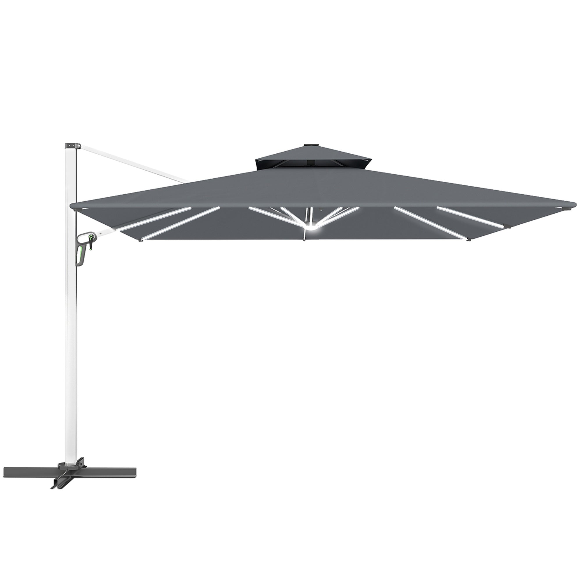 3(m) Garden Cantilever Parasol with Solar LED Lights, Cross Base, 360° Rotation, Crank Handle and Tilt, Grey