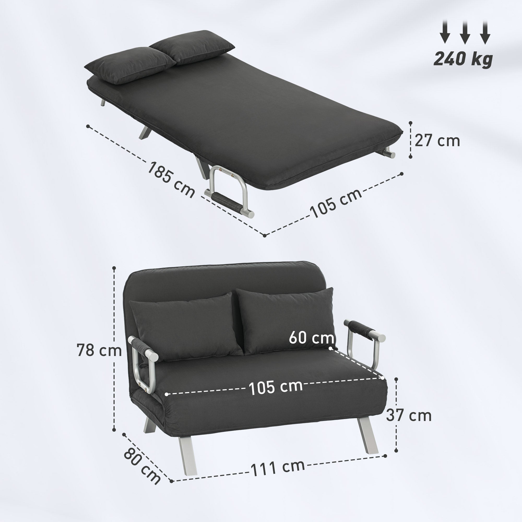 Two-Seater Click-Clack Sofa Bed - Charcoal Grey