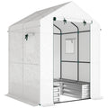 Small Greenhouse with Raised Garden Bed, Galvanised Walk-in Greenhouse with Roll Up Windows, 141 x 141 x 190 cm, White