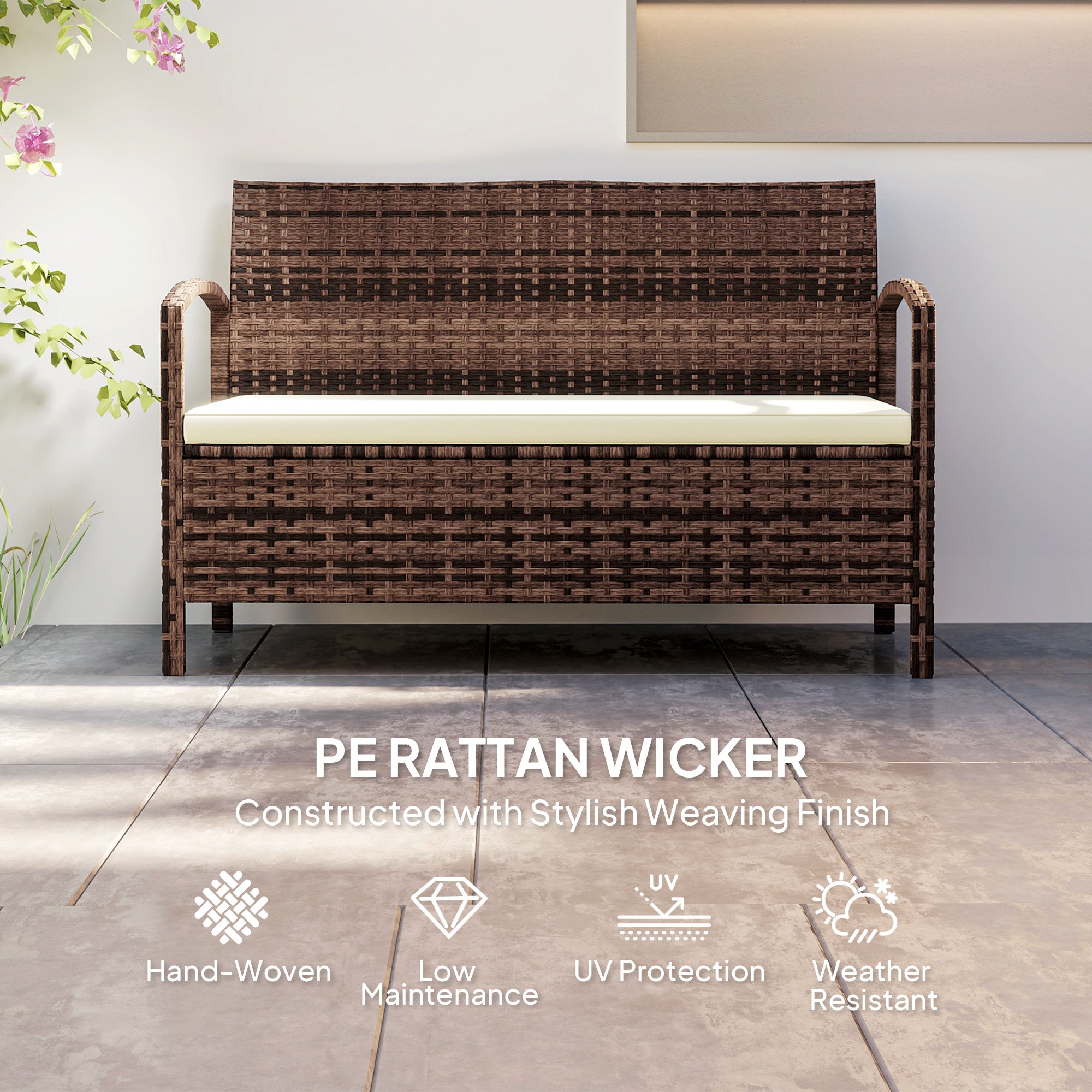 125L Garden Storage Bench with Cushion - Brown